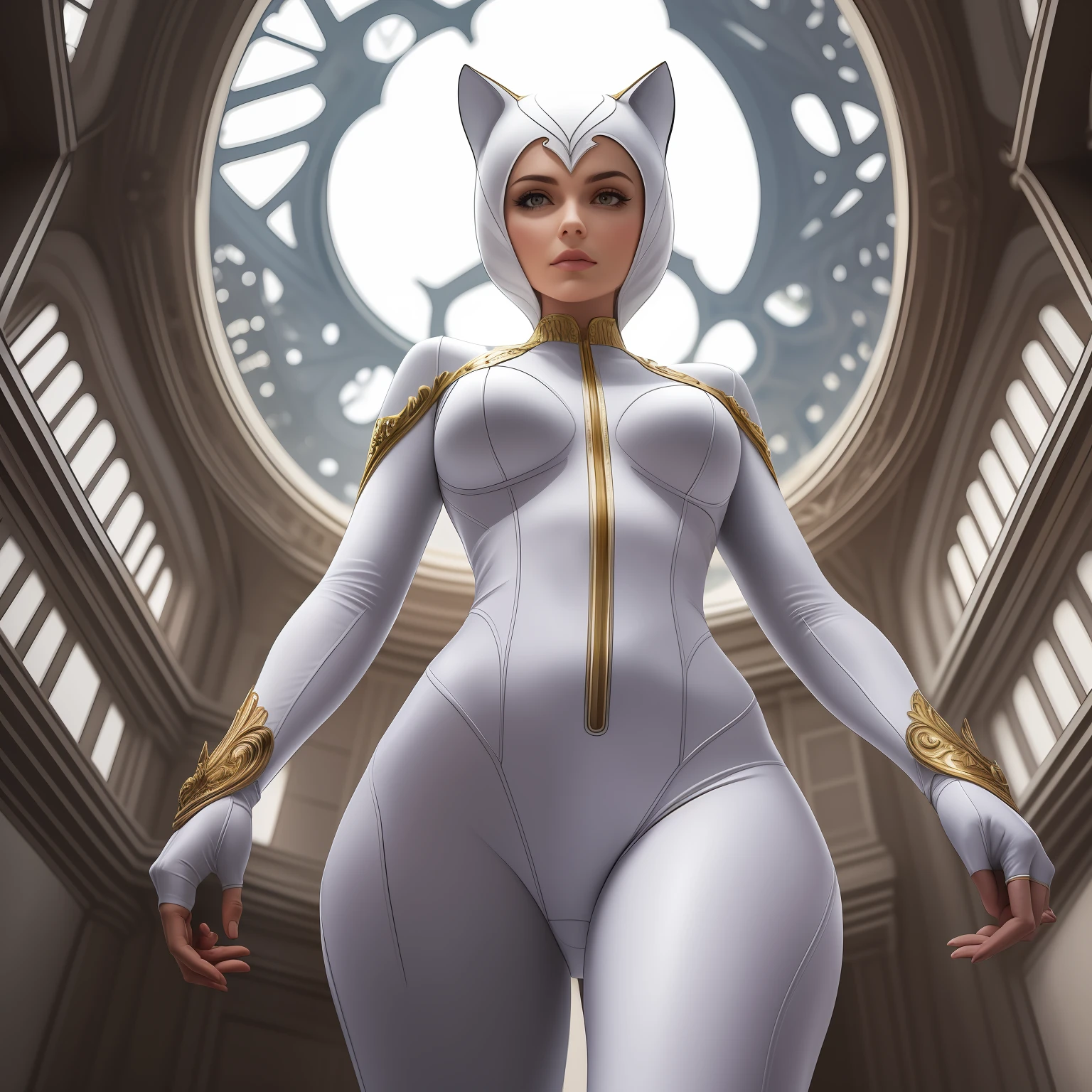 White Catwoman standing tall and confident on a sleek, futuristic suit, on top of a towering antenna reaching towards the sky. The scene is bathed in warm, golden light, creating a serene atmosphere. The overall mood of the artwork is futuristic and adventurous. The camera used is a high-end model, capturing the details with precision. The composition highlights the grandeur of the structure and the presence of White Catwoman. The perspective is chosen to emphasize the height and scale of the antenna. The depth of field is set to keep both White Catwoman and the structure in sharp focus. The shutter speed is adjusted to freeze any movement and capture the scene with clarity. The photo quality is pristine, showcasing the intricate details of the suit and the structure. The image is expertly framed, with attention to symmetry and balance.