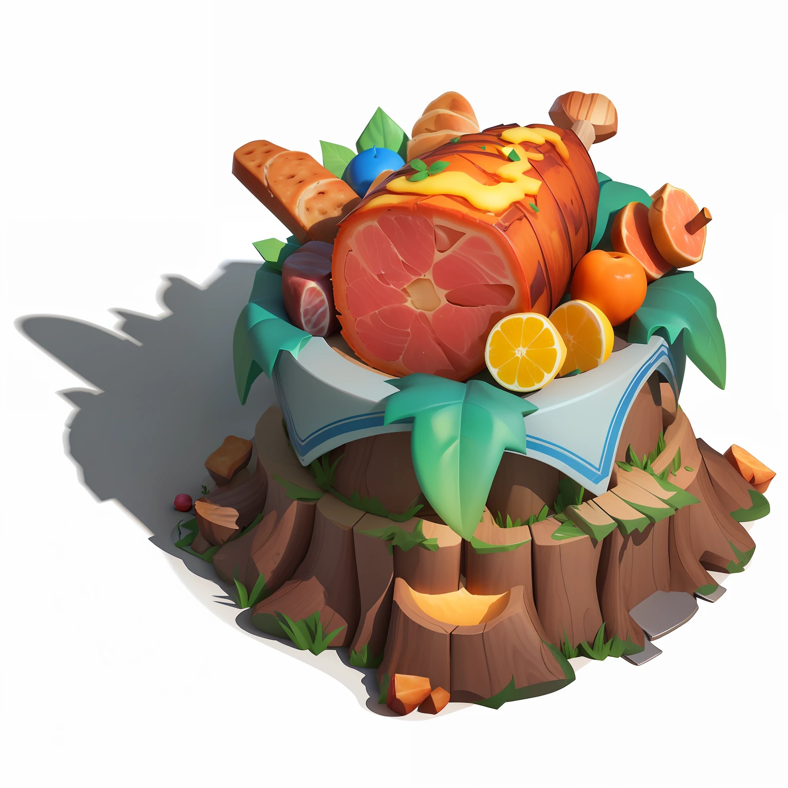 There was a big wooden stake,It was topped with an oversized ham and some bread and fruit, Stylized game art, 3 d render stylized, stylized 3d render, Stylized 3 D, mobile game asset, Stylized concept art, game assets, stylized as a 3d render,, isometric game asset, stylized pbr
