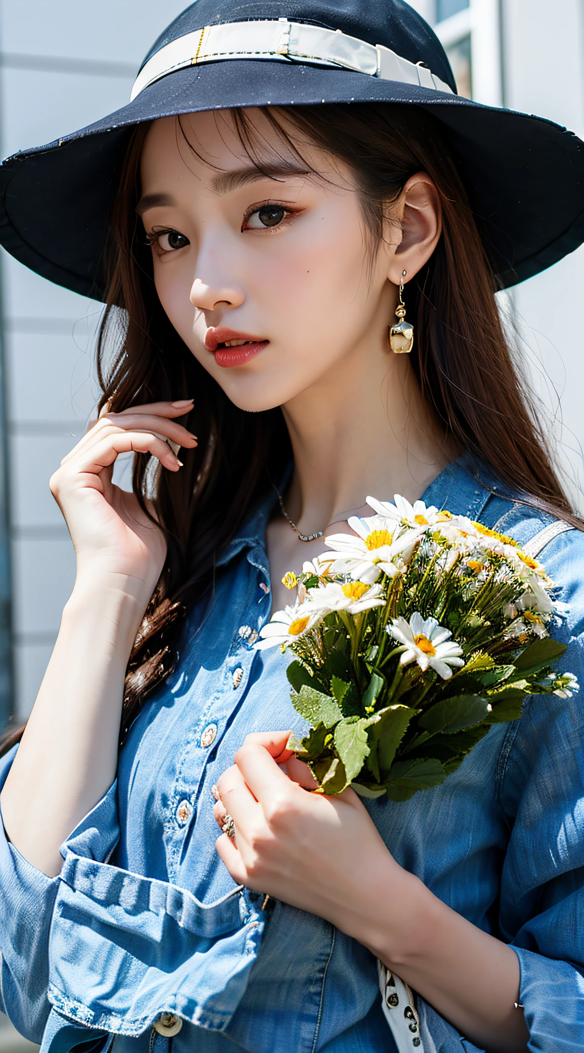 super high quality, 8K,Bucket Hat、daisy、florals、length hair、Outfit in black