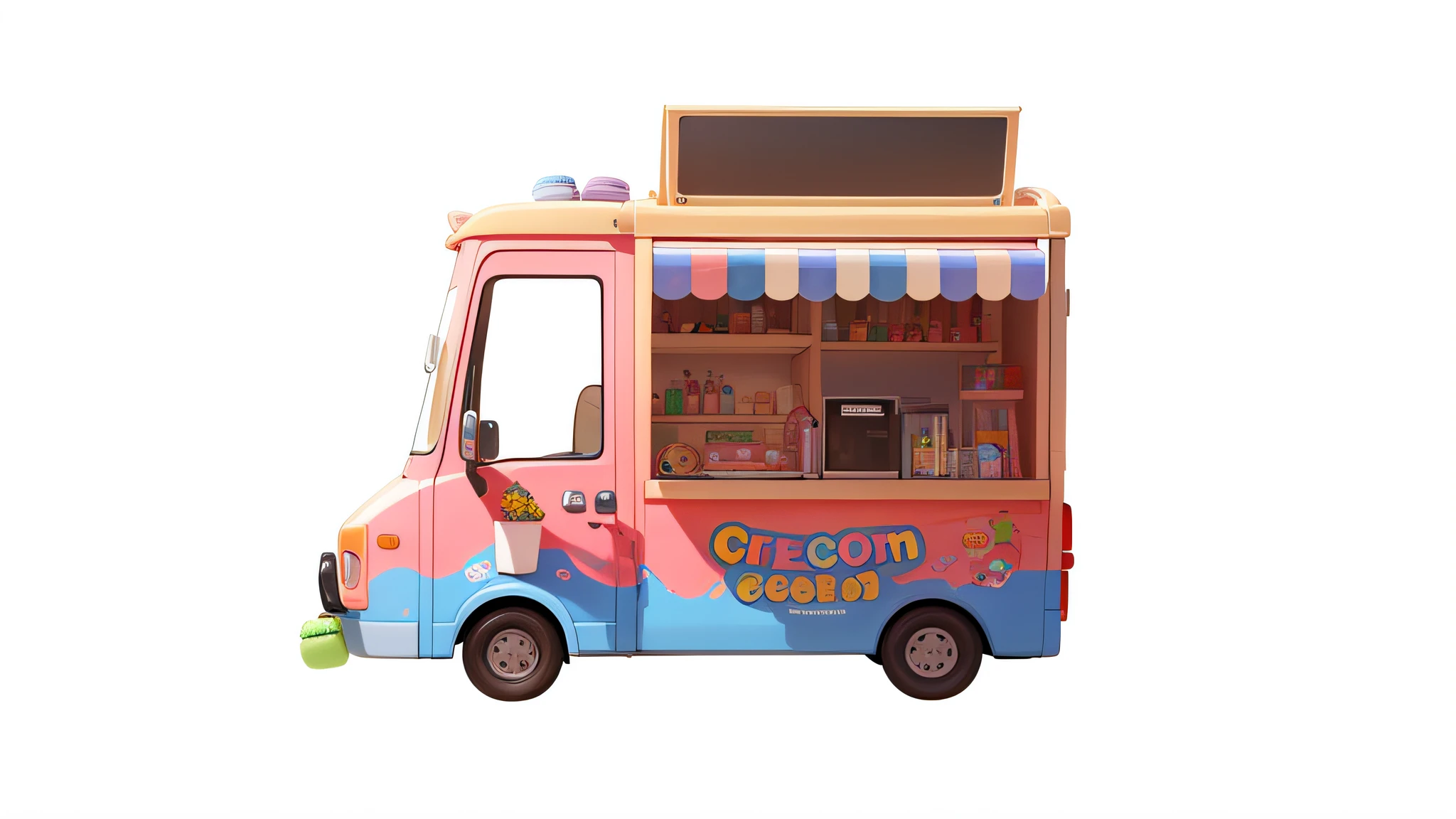An ice cream truck，(2-dimensional)，Macaron color system，The color block is clear，Bright colors，line art，Beautifully portrayed，8K，（Brand new vehicles），（The picture is fresh and bright），（Clear details）