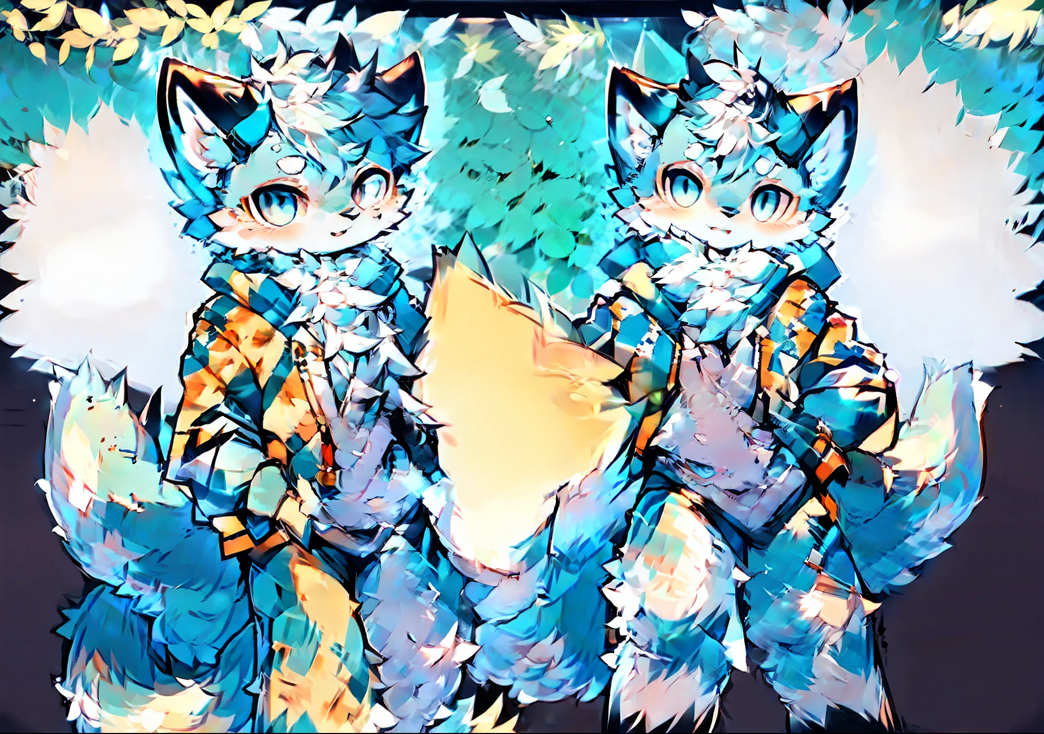 Furry male light blue white pattern fox bright pupils big tail standing wearing blue cotton jacket woods listening to music plush happy