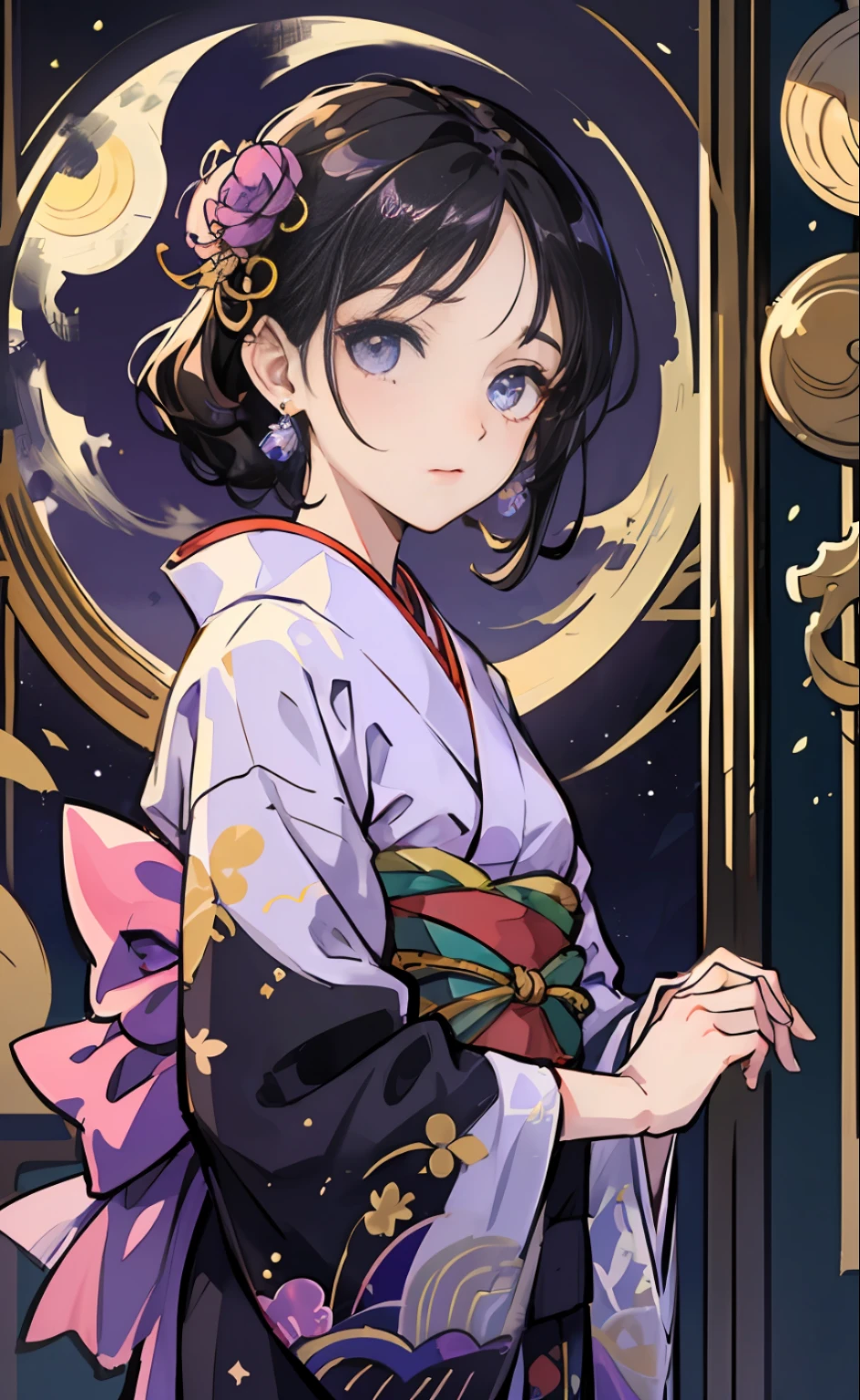 Mature Girl、black hair、Delicate and smart eyes、purple and white kimono、Simple accessories、astrologer、FOV、F1.8、A masterpice、complex scene、Moon Night、Frontal portrait shot、Chang'e、Eyes meet、Facing forward