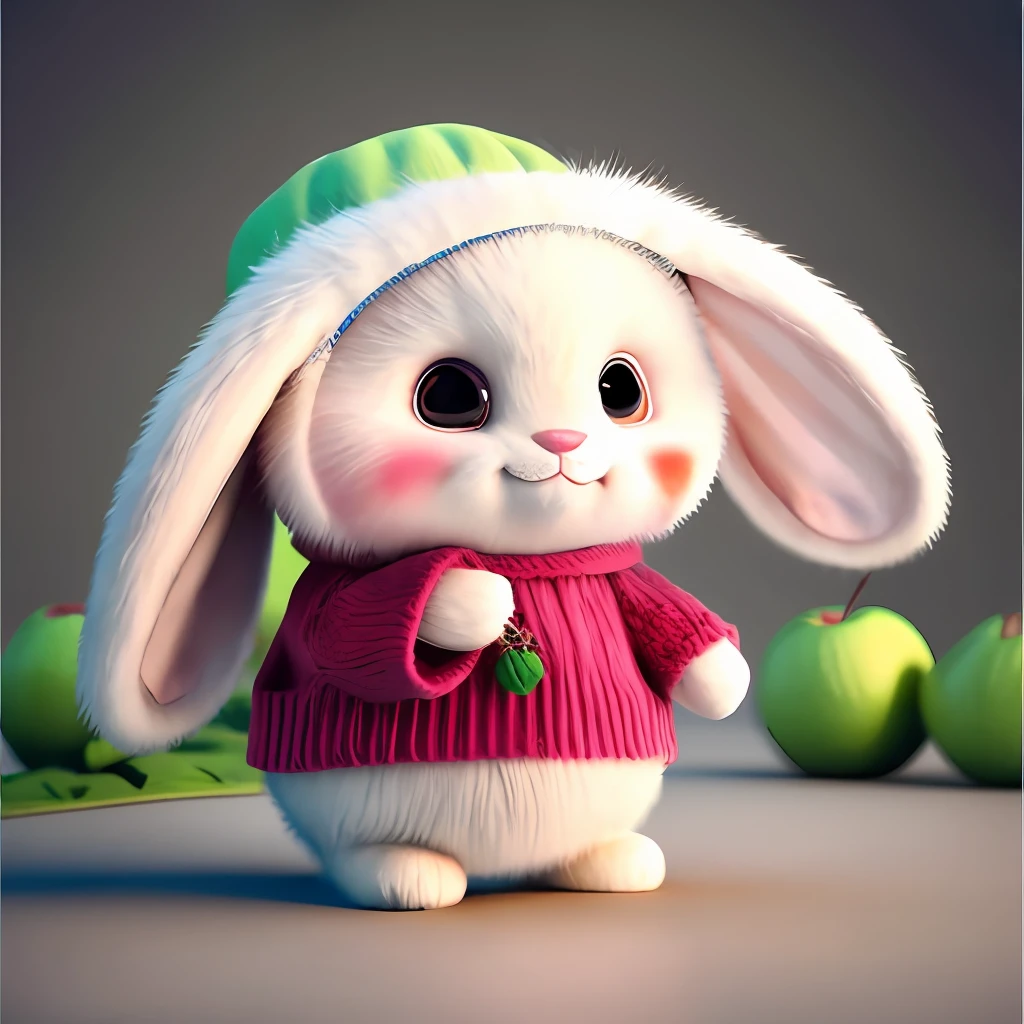 : 3. bunny, realistic, furry animal, apple, black eye, blush, cherry, food, fruit, full body, hat, non-human, strawberry, tomato, watermelon