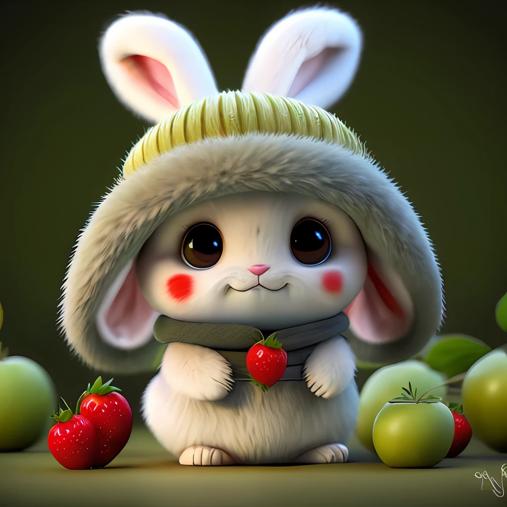 : 3. bunny, realistic, furry animal, apple, black eye, blush, cherry, food, fruit, full body, hat, non-human, strawberry, tomato, watermelon