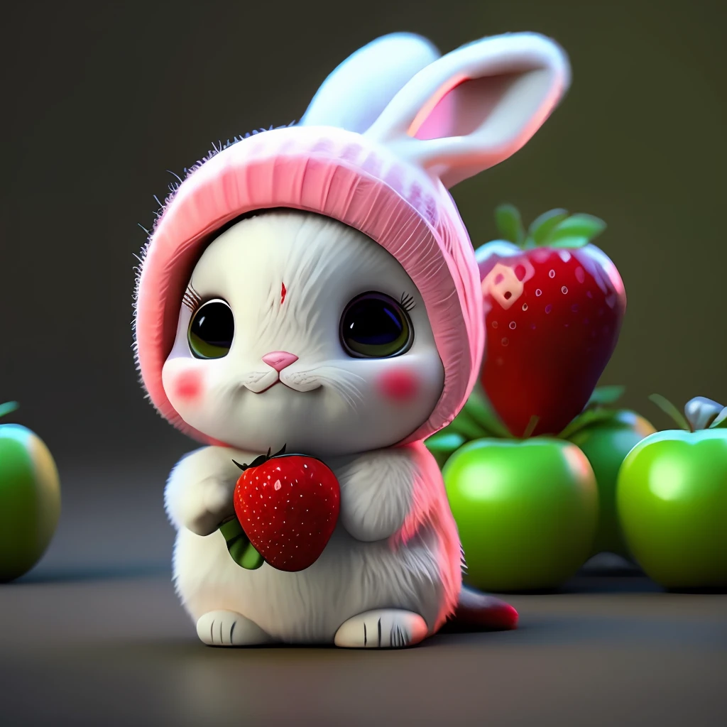 : 3. bunny, realistic, furry animal, apple, black eye, blush, cherry, food, fruit, full body, hat, non-human, strawberry, tomato, watermelon