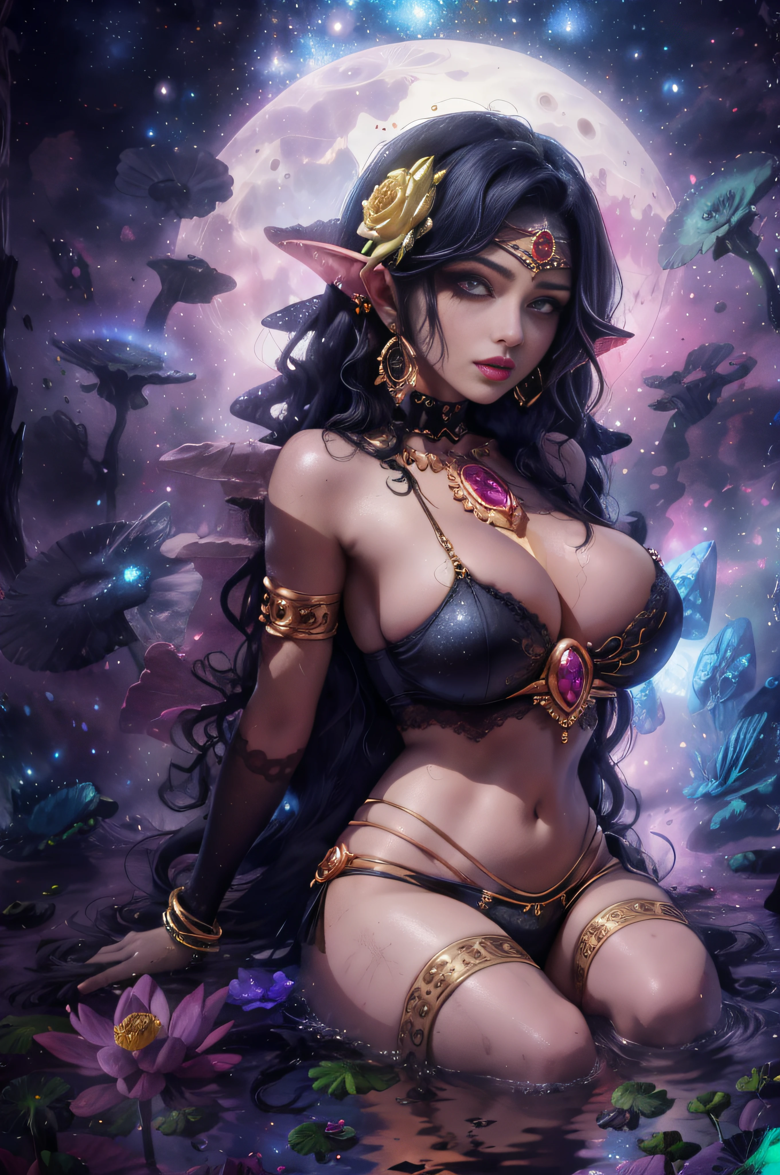 masterpiece, best quality, extreme detail, 8k, image sharpness, Ultra detail hair, (dark skinned female, (dark skin))ultra detail face, perfect eyes, perfect face,1girl , pointy ears, long flowing hair, lipstick, makeup, black eyeshadow, jewellery, bracelet, huge breasts, busty, skimpy clothing, (full body in frame), seated on a lotus flower, water, alien planet landscape, flowers, crystals, starry sky, galaxy, nebula, dramatic lighting, sparkles