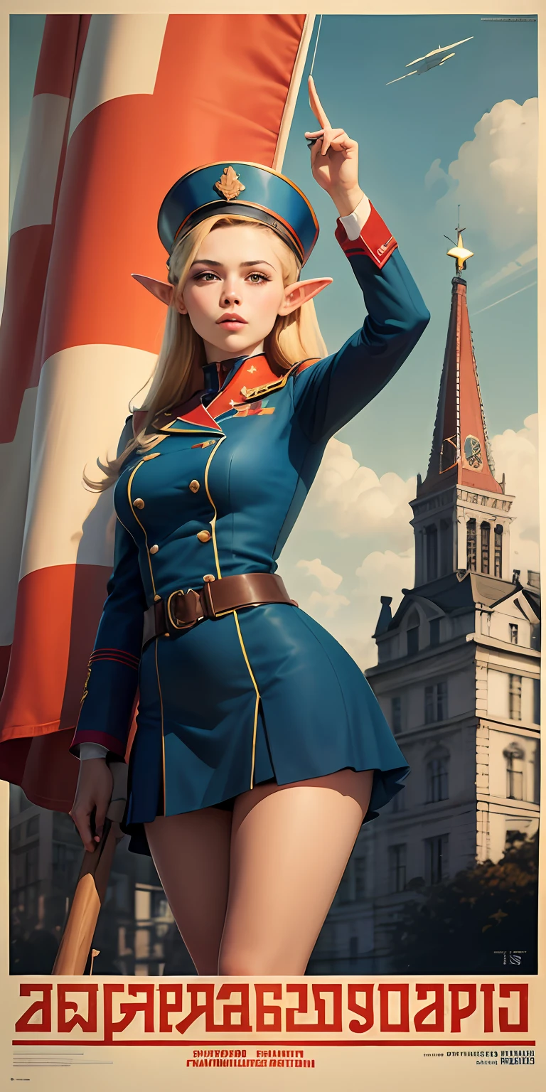 Cartaz CCCP, Soviet poster, Bandeira da URSS no fundo, Cartaz da URSS, Poster of the Soviet Union, October Revolution, ((Cartaz CCCP, Soviet poster)) (Elf mature girl holding her hand in the air) propaganda Cartaz, cartaz, Soviet flag on pole, Blue sky with fighter jet, uniforme, 1girl, solo, bom corpo, design de cartaz, estilo de arte poster. Anos 1980, 1950, 1960, Basic color scheme, cartaz muito colorido, arte colorida, terceira regra, inspirador, general, militar, elfa, 1 menina madura, cabelo soprando ao vento, Hand high in the air, revolutionary, apontando com o dedo, fundo quadrado vermelho, pernas grossas.