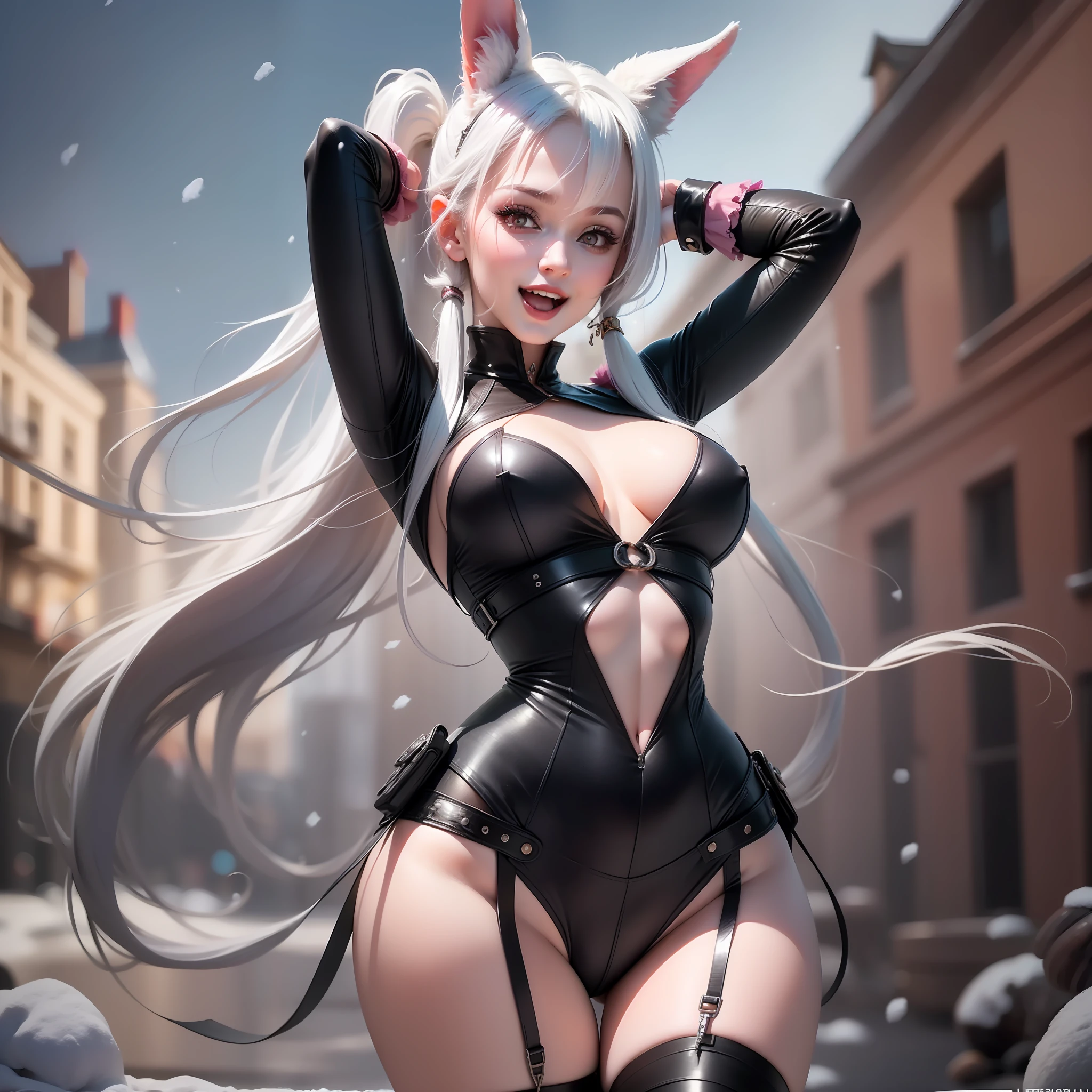black hair, super detail(OriginalPhoto, (Realistic, photo-realistic:1.4), 1girls, solo dance, :D, Arms up, bangs, Blush, breasts, rabbit pose, Fake animal ears, floating snow, hair intakes, impossible bodysuit, Impossible clothes, Large breasts, Long hair, see the viewer, Open mouth, Pink eyes, Red eyes, side locks, skin tight, Smile, thigh gap, thighlet, twintail, Very long hair, White hair, Realistic, Surrealism, 8k, Best quality, (Best quality:1.4)