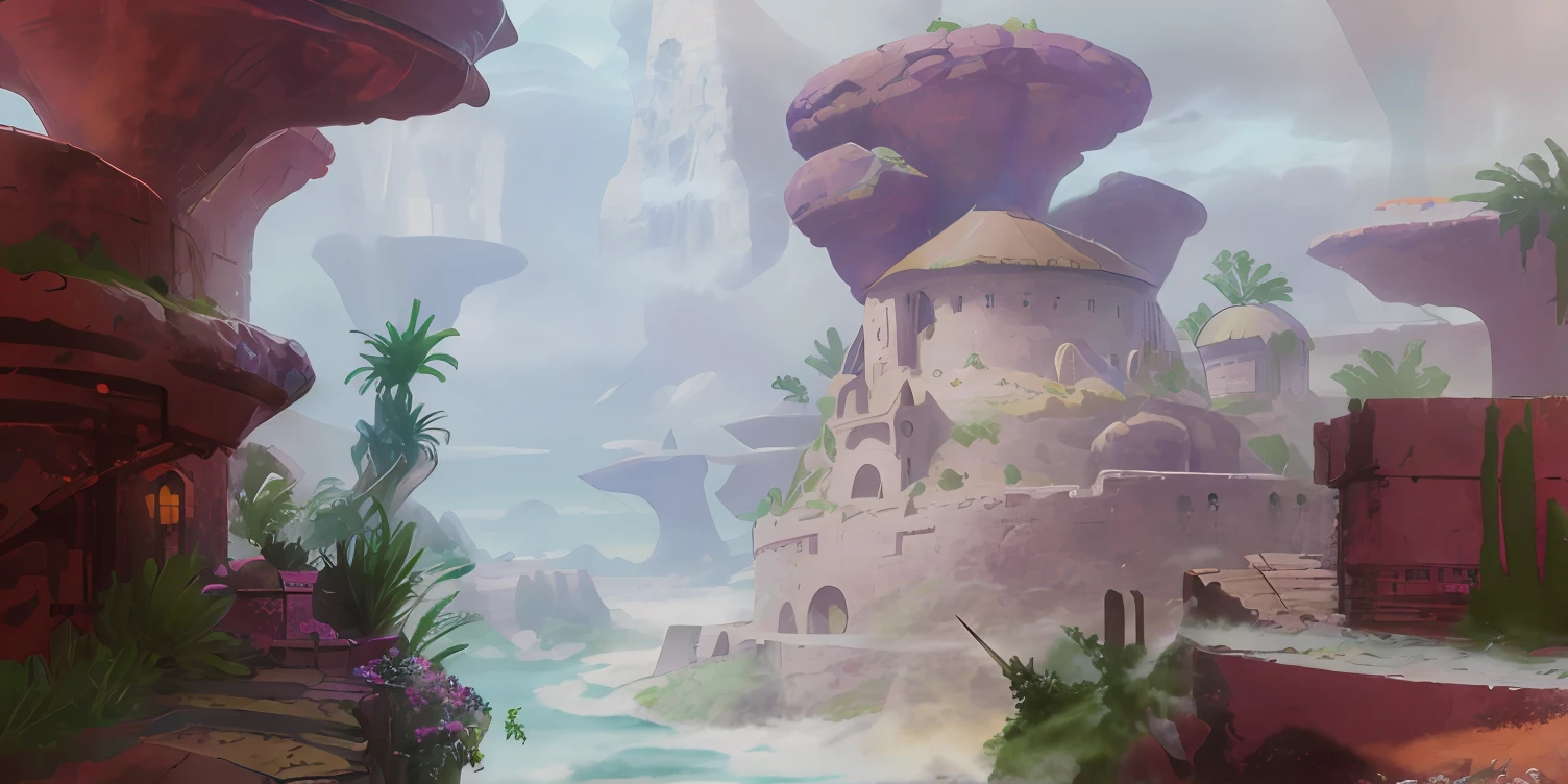 there is a painting of a small castle in a desert, Stylized concept art, arte de fundo, art nouveau jungle environment, disney inspired landscape, concept-art ， highly rendered, background artwork, concept-art, concept-art, painted as a game concept art, concept art for a video game, environment design illustration, environment painting, environment concept art，Illustration art，African indigenous architecture