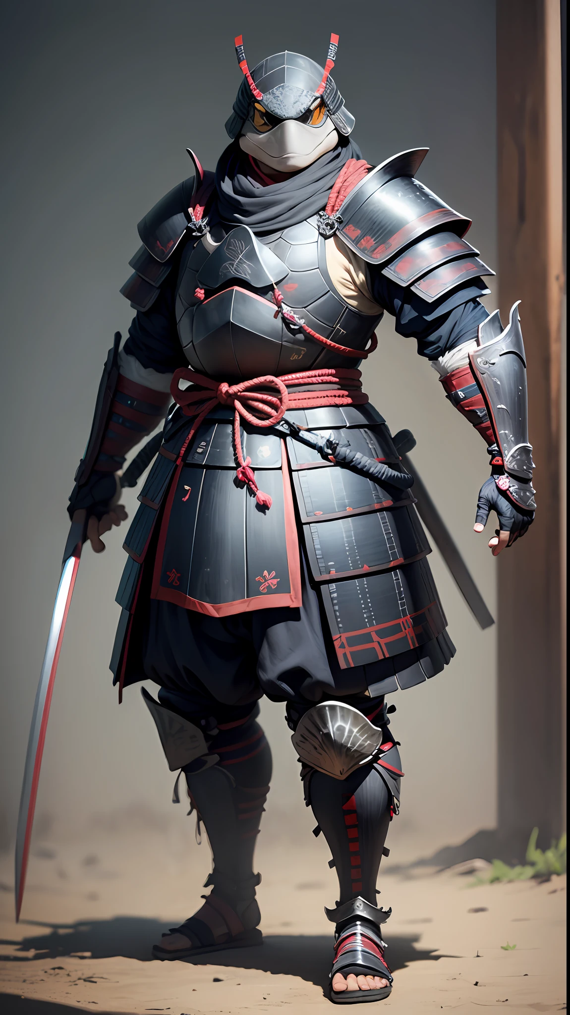 um panda, com armadura de samurai, com o fundo em chamas e uma casa japonesa em chamas --auto