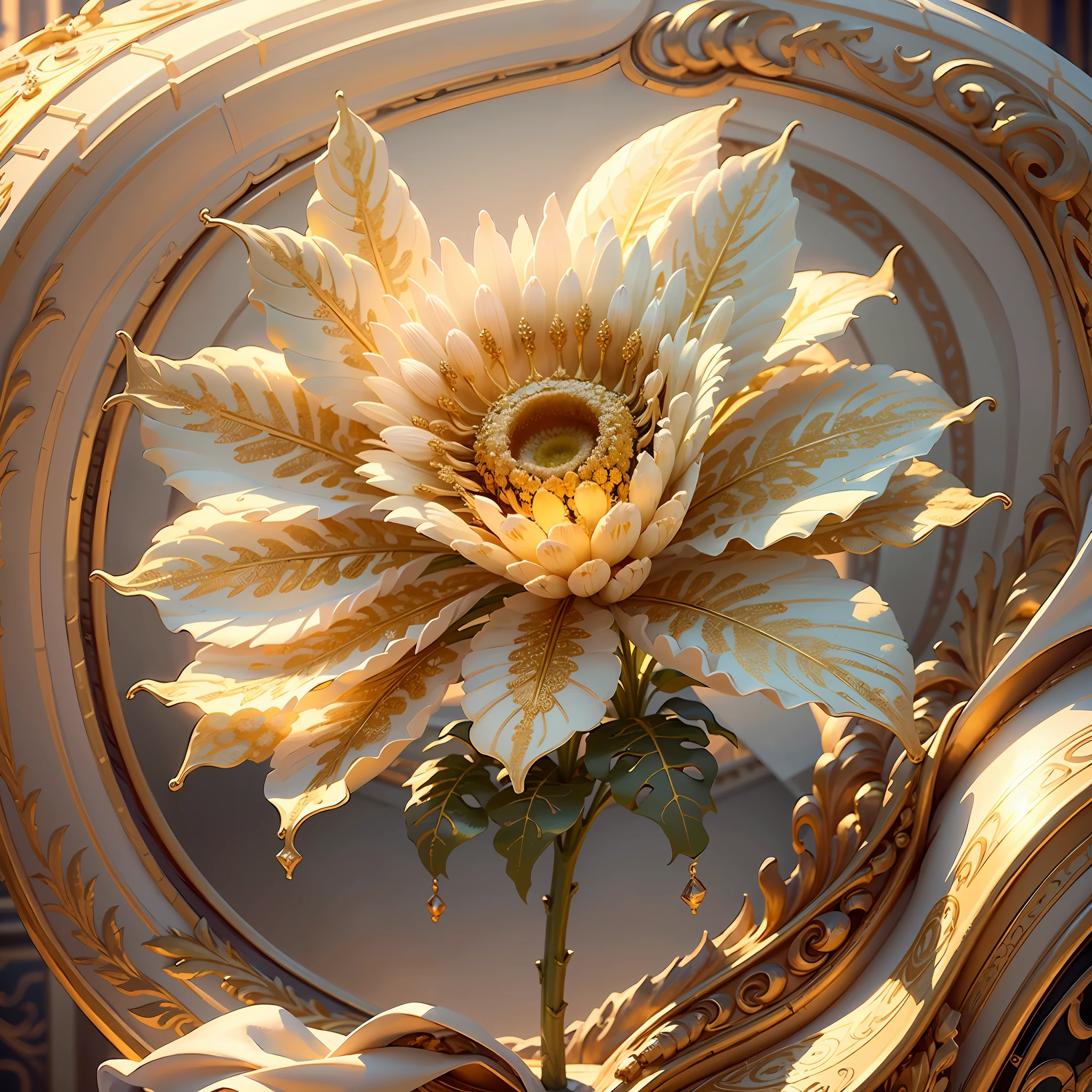 (((巨作))), Best quality, Ultra-detailed, Extremely delicate, pure and bright ivory and gold color,  with golden and shiny metallic accents, brilliant and rich hue, delicate and bright floral patterns,  emphasizing the theme of luxury and elegance, a reinterpretation of the traditional East-meets-West style, complemented by a joyful and vibrant sunflower，IvoryGoldAI