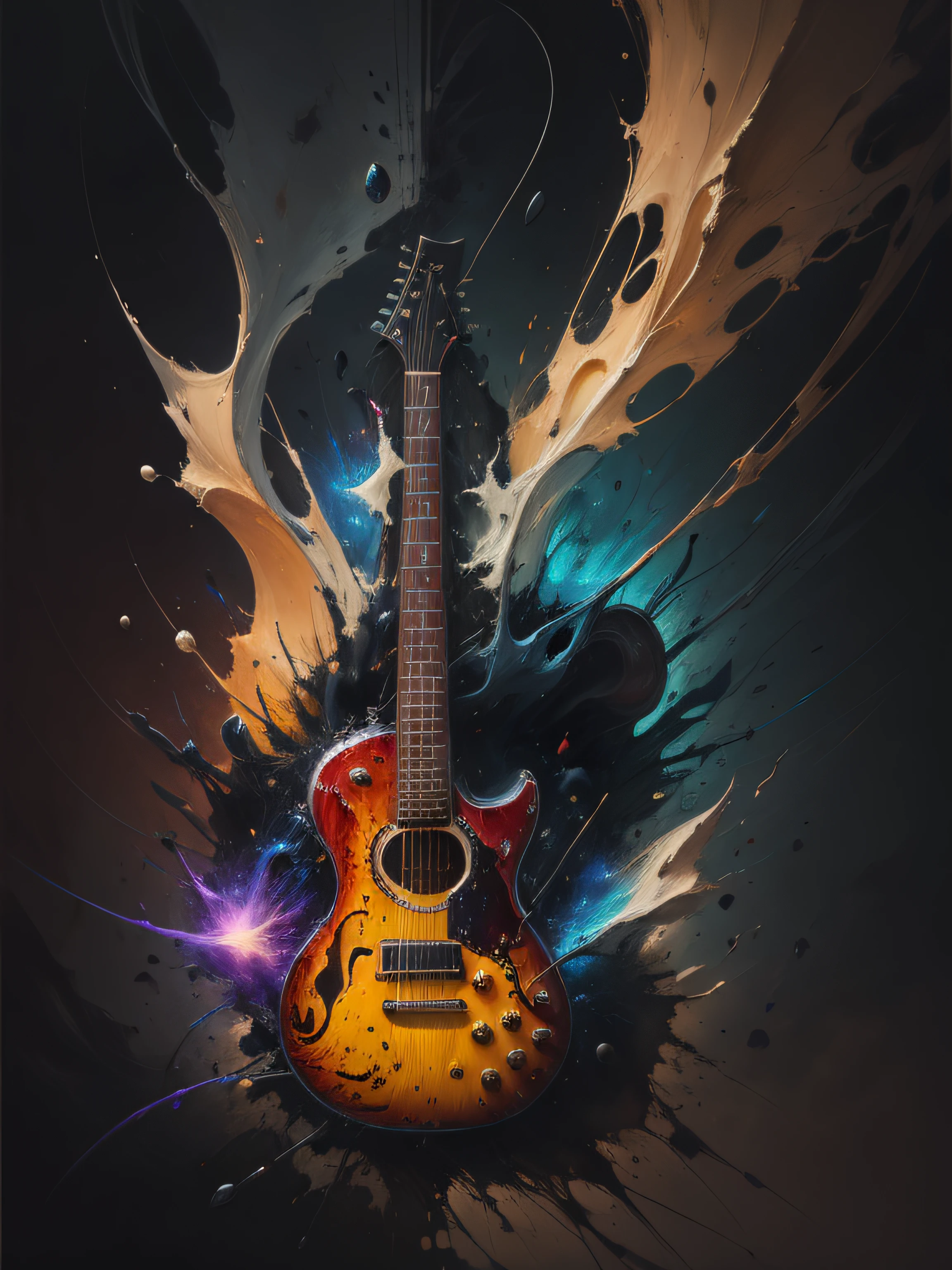guitar, super high-quality model, ethereal background, Abstract beauty, explosive volume, oilpainting, Heavy strokes, paint drips --auto