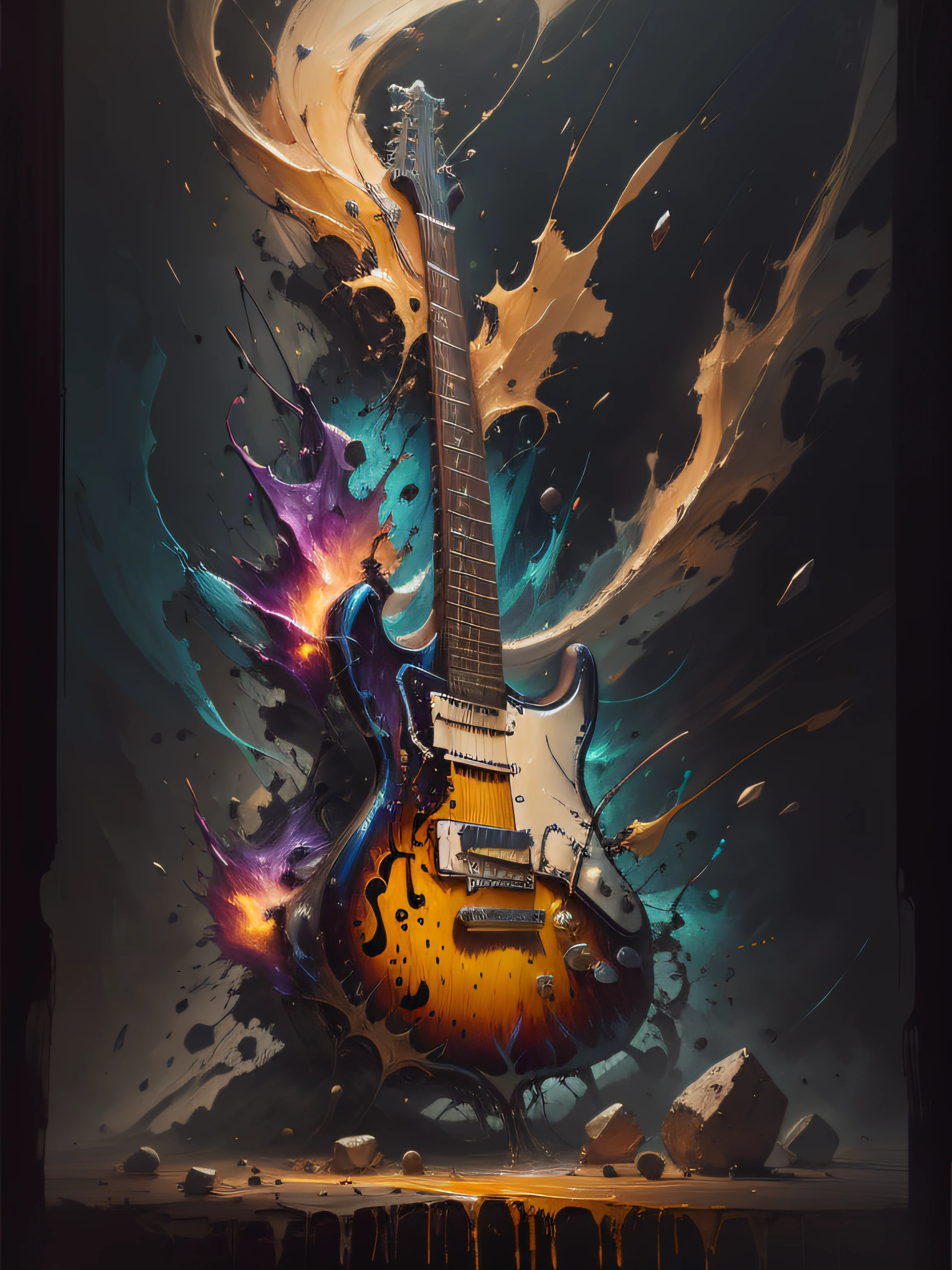 guitar, super high-quality model, ethereal background, Abstract beauty, explosive volume, oilpainting, Heavy strokes, paint drips --auto