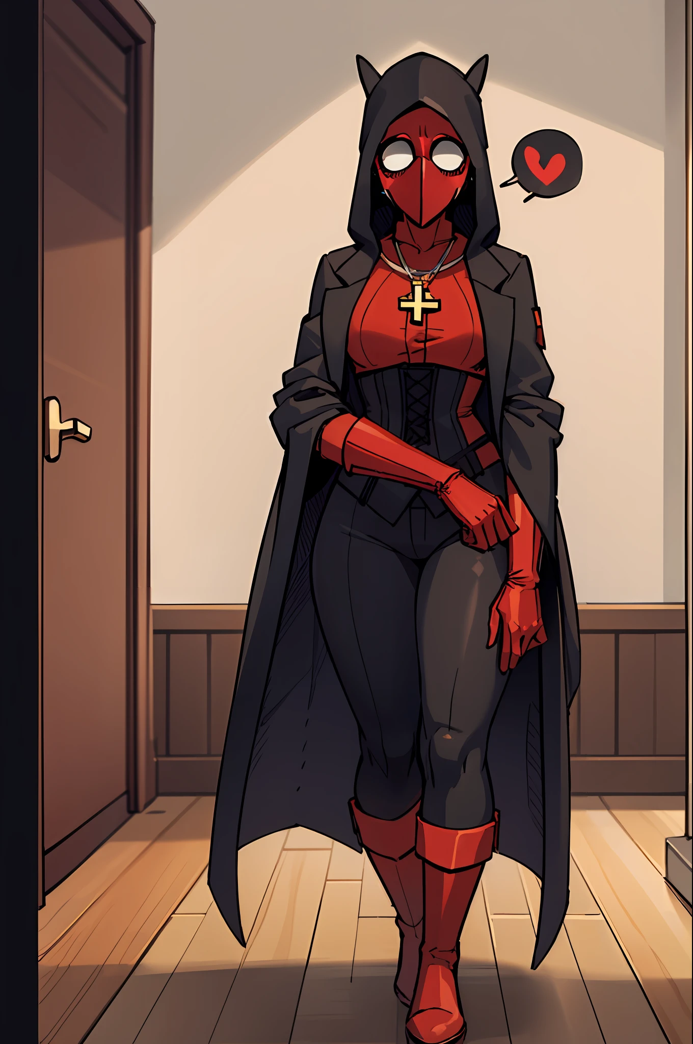 plague doctor, 1girl, solo, hood, mask, gloves, faceless, plague doctor mask, tabard, modern house, breasts, arms at sides, wide hips, exposed thigh, embarrassed, heavy blush, blushing, thick thighs, medium breasts, indoors, floorboards, wood railing, window, bloom, wood table, midriff, nun, bandages, night, cross necklace, thigh high boots, tall leather boots, dark room, viewing from below, standing over viewer, arms over viewer, heart eyes, (spoken heart), closeup, mature woman, wood door, corset, inviting, dark room, no light, horns on head,  demon tail, black white and red outfit, carpet, suit, red black and white background colors, cane, professional,  coat on elbows, suit pants, 1 legged pants, red gloves, red boots, red inner coat,