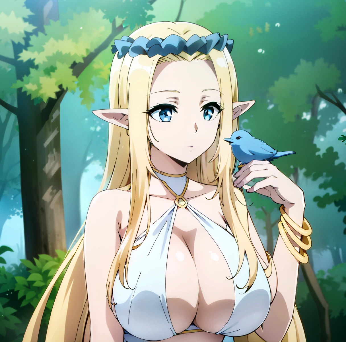 2D anime animation, a close up of a woman in a bikini holding a bird, deusa anime, uma rainha elfa, Princesa elfa, Ela tem orelhas de elfo e olhos dourados, Menina elfa, a sexy maid in a magical forest, em um anime, no filme de anime, Loira - Princesa Cabelos, popular isekai anime, visual anime de uma menina bonito, anime melhor garota, 8k, Super Detalhe, ccurate, melhor qualidade, melhor qualidade, 4k, alta qualidade