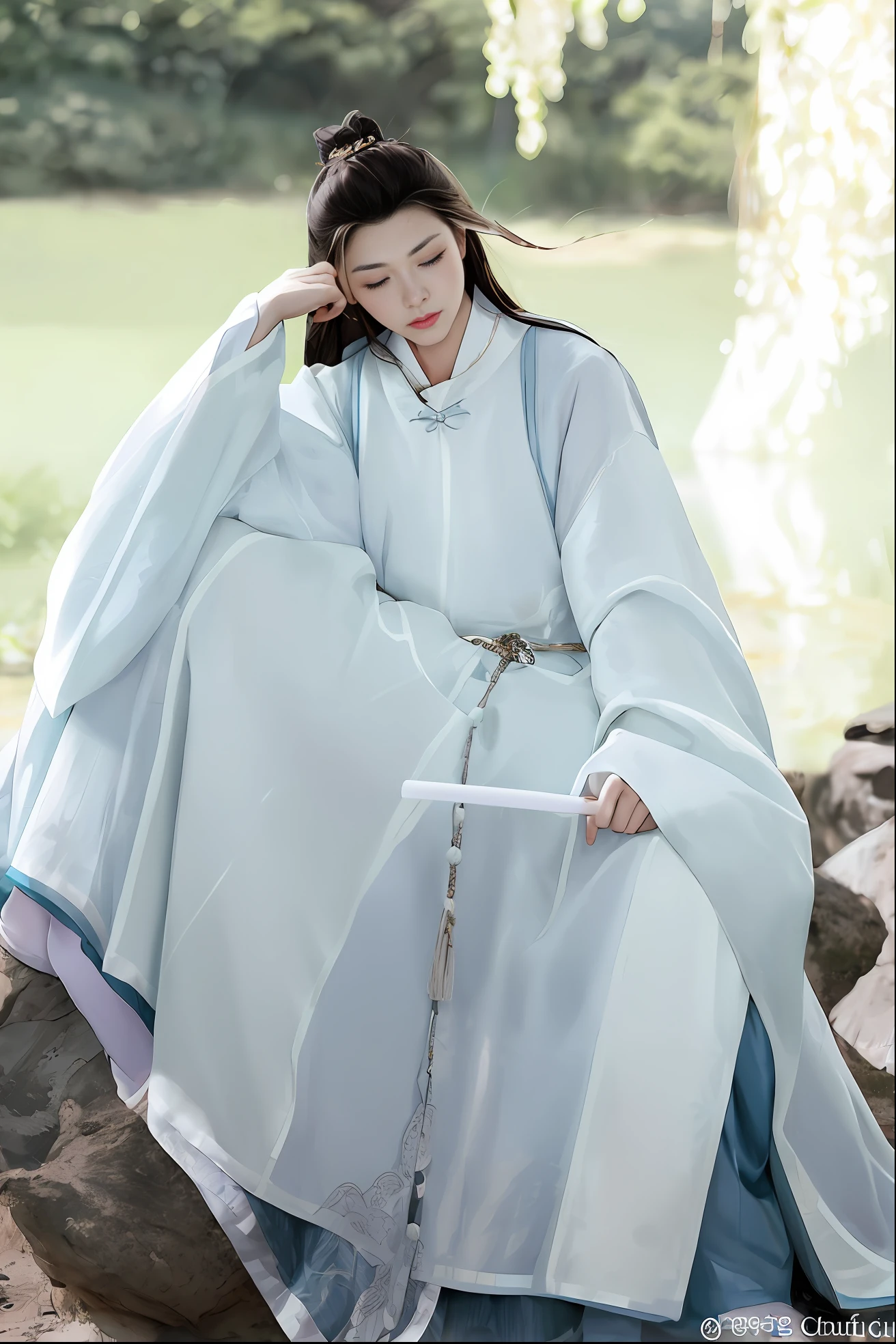 arafed woman in a blue dress sitting on a rock, White Hanfu, royal palace ， A girl in Hanfu, wearing ancient Chinese costume, wearing a luxurious silk cloak, Hanfu, wearing a long flowing robe, flowing hair and long robes, flowing magical robe, Flowing robes, with acient chinese clothes, Wearing a flowing cloak, Traditional Chinese clothing