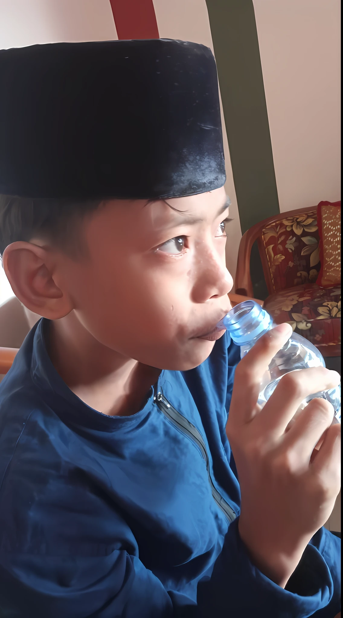 boy in a blue shirt and black hat drinking water from a bottle, peacefully drinking river water, reyyan, raden saleh, ismail, ayan nag, very thirsty, riyahd cassiem, inspired by I Ketut Soki, inspired by Bohumil Kubista, comming, inspired by Sarper Baran, by Abidin Dino, background aesthetic, relistic  detailed