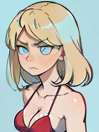 (high quality), anime style,(full shot) of a (female) with (light blue eyes and detailed), sporting (blonde hair). she has very big breasts. She looks (annoyed) while wearing (bikini red) in an (upper body shot), simple colouring, simple colour background, close up, right side body view, pale skin, detailed eyes