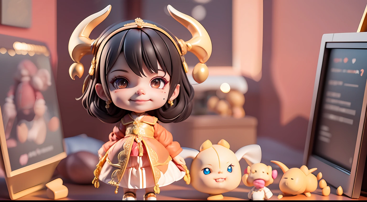 Girl with black hair, There are two horns on the head, Hold your hands to your chest, Blonde hair accessories, Booth, 3Drender, Whole human body, mole under eye, smile, blind box toy style, ray tracing, three sided view, 4K, highres