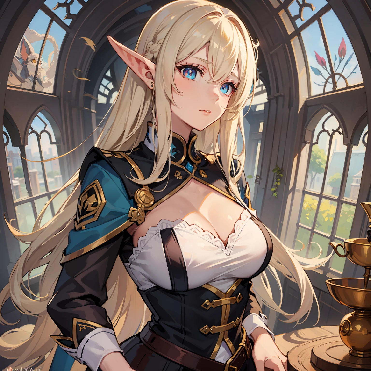 female half-elf, willowy body, Light golden long hair, mismatched pupils, Blue left eye, Red right eye, Maids wear, contemplative, Villain, anime figure