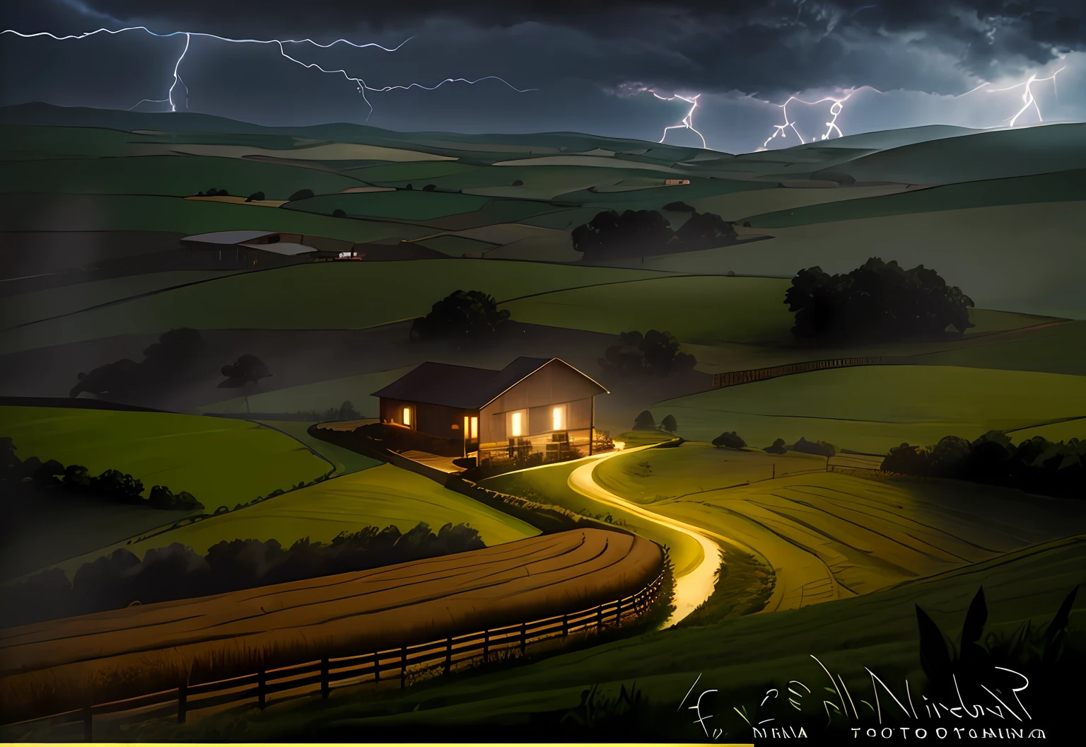 (((Luz brilhante)), (Comic style), uma grande fazenda, carros da policia na estrada, cena escura, fazenda noturna, particles, (cabo de fluxo longo), noite, chuva, lightning, fundo detalhado, (arte de Frank Miller), obra-prima, scenecy, (realista:1.3), perfect illumination, sombreamento perfeito, (textura realista do tecido), hiper-realista, (fotorrealista:1.5), ar livre, campo, fazenda, tempestade, chuva