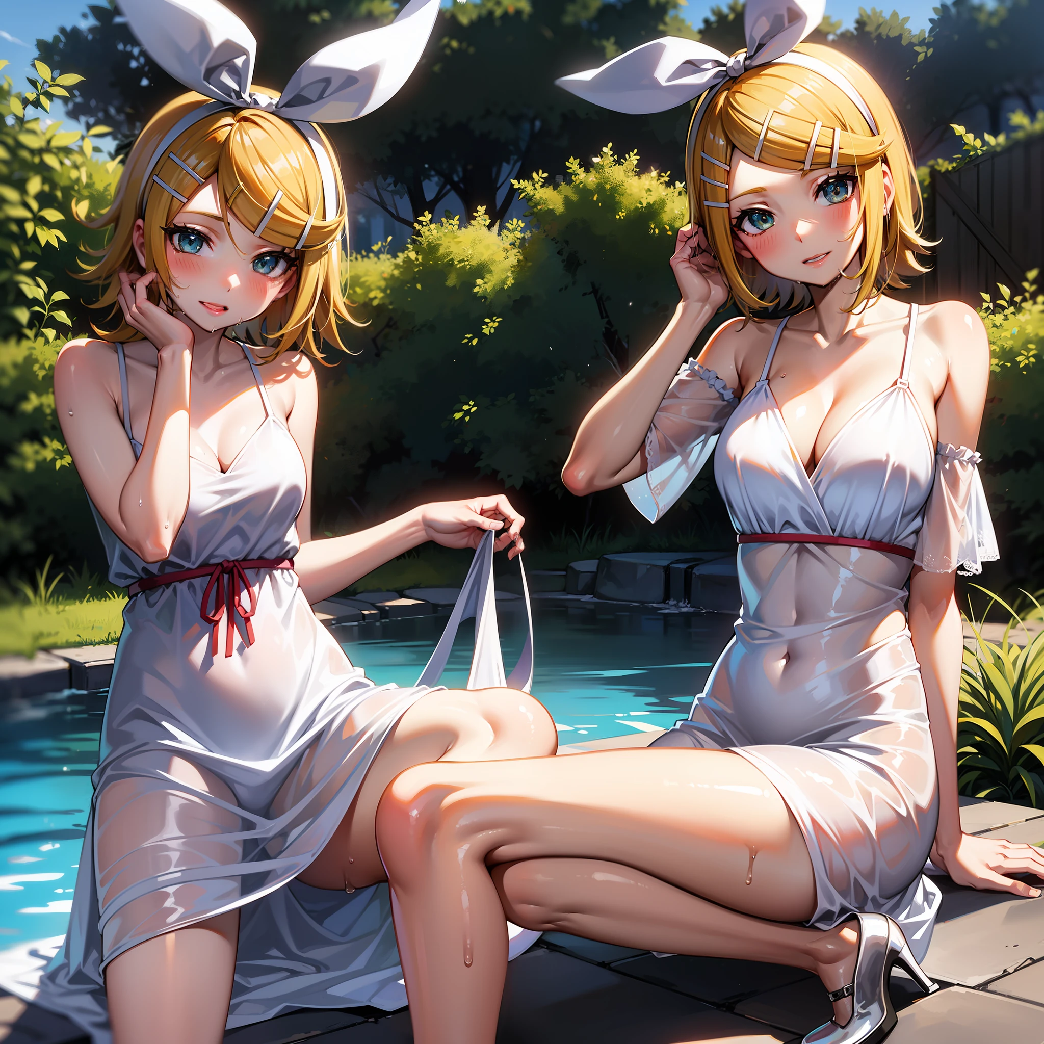 Kagamine rin , wet dress , white dress , sexy pose , sexy dress , kagamine rin , 1girl , wet hair