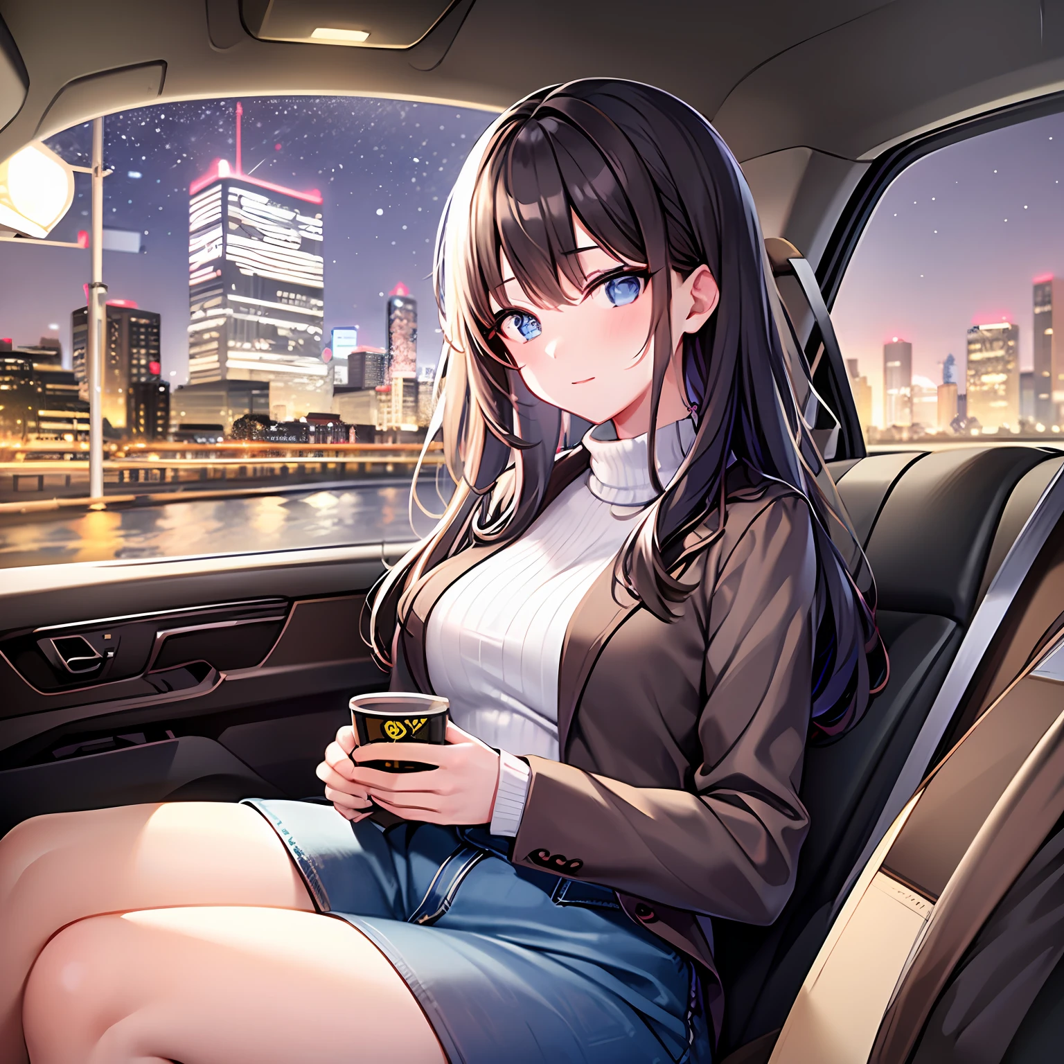 1girl in, Height 148cm、Bust 85cm、Waist 56cm、Hip 85cm、F-cup、23yo、very baby face、Brown-haired、semi long hair、White turtleneck sweater、Light jacket、Denim Mini Skirt、Dark interior of a taxi、Back seat of a sedan car、Sitting in the car、Wearing a knee pillow、Night、Highway in Japan at night、Street lamp light、Overlooking angle