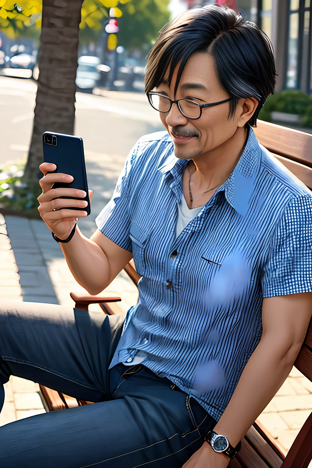 (masterpiece), best quality, ultra high res, approaching perfection, 4k resolution, 8k resolution, highly detailed, fine detail, full of color, intricate detail,High quality photo of Japanese middle-aged man wearing glasses 52yo, slim figure, navy gingham check short sleeve shirt, jeans, center parted grizzled black short hair, hunchback, sitting on a park bench, (detailed face),holding a smartphone in one hand, to grin,