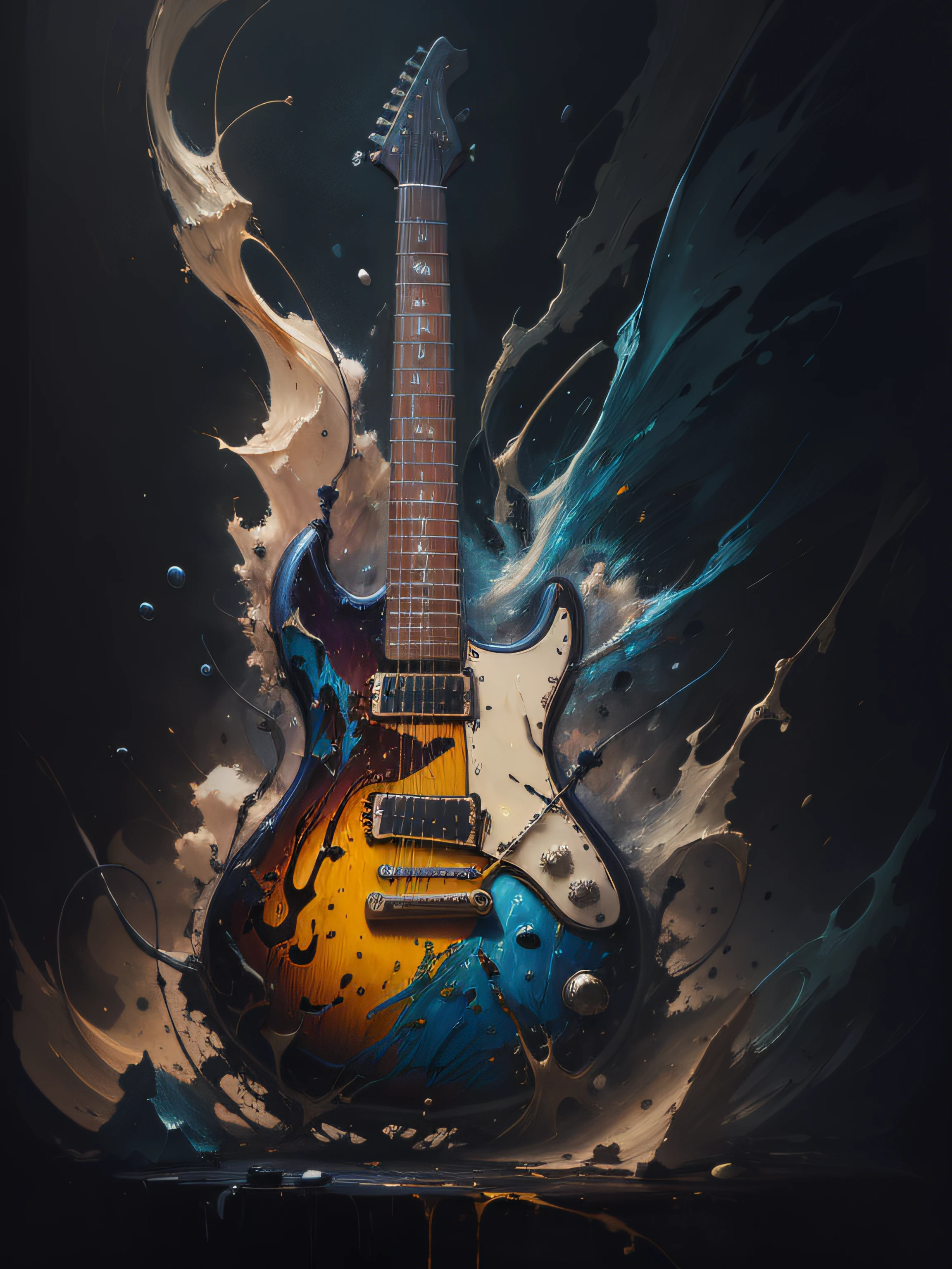 guitar, super high-quality model, ethereal background, Abstract beauty, explosive volume, oilpainting, Heavy strokes, paint drips --auto