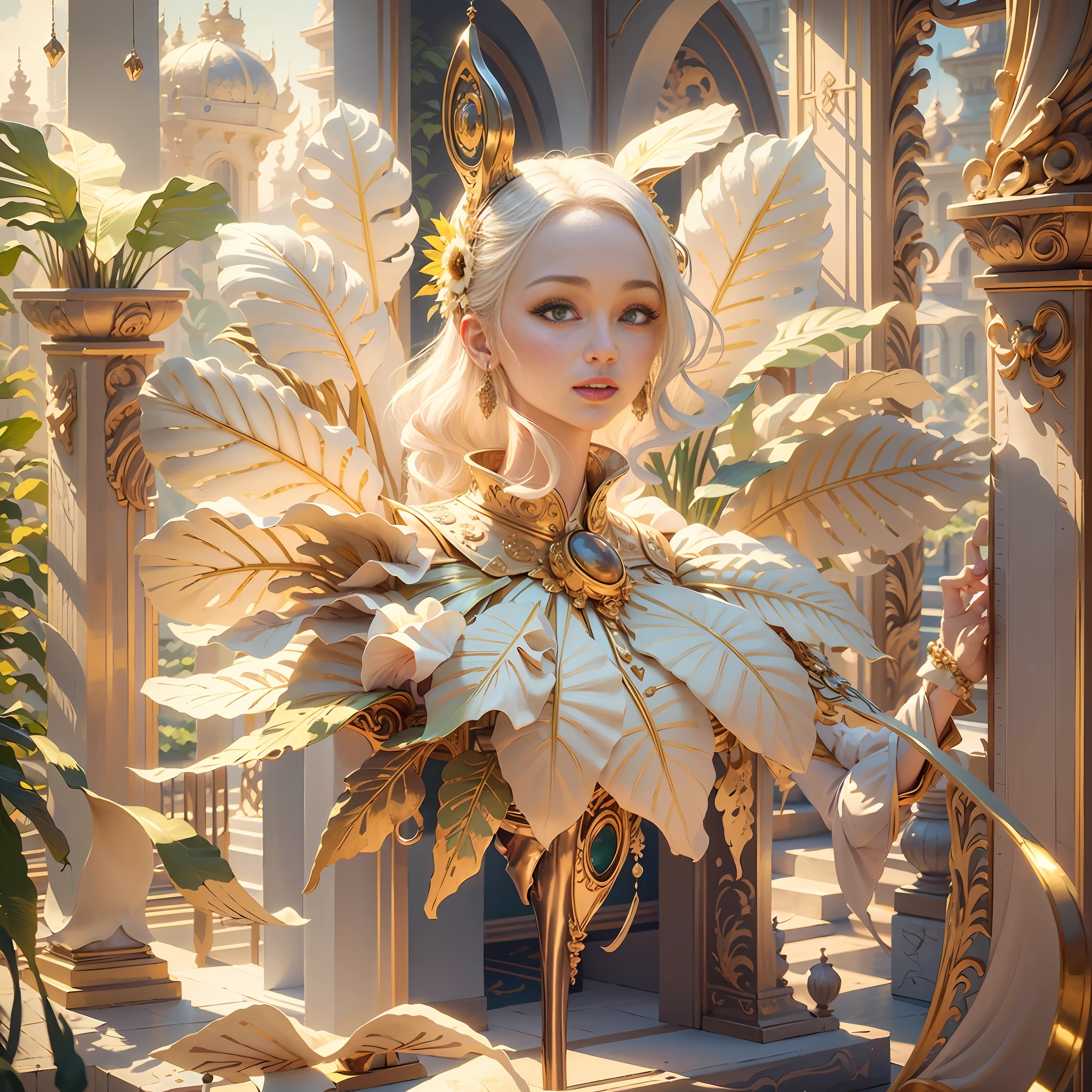 (((Masterpiece))), best quality, ultra-detailed, extremely delicate, pure and bright ivory and gold color, animal-like ivory textures, with golden and shiny metallic accents, brilliant and rich hue, delicate and bright floral patterns, eyes and lips give off warm and inviting light, emphasizing the theme of luxury and elegance, a reinterpretation of the traditional East-meets-West style, complemented by a joyful and vibrant sunflower,IvoryGoldAI