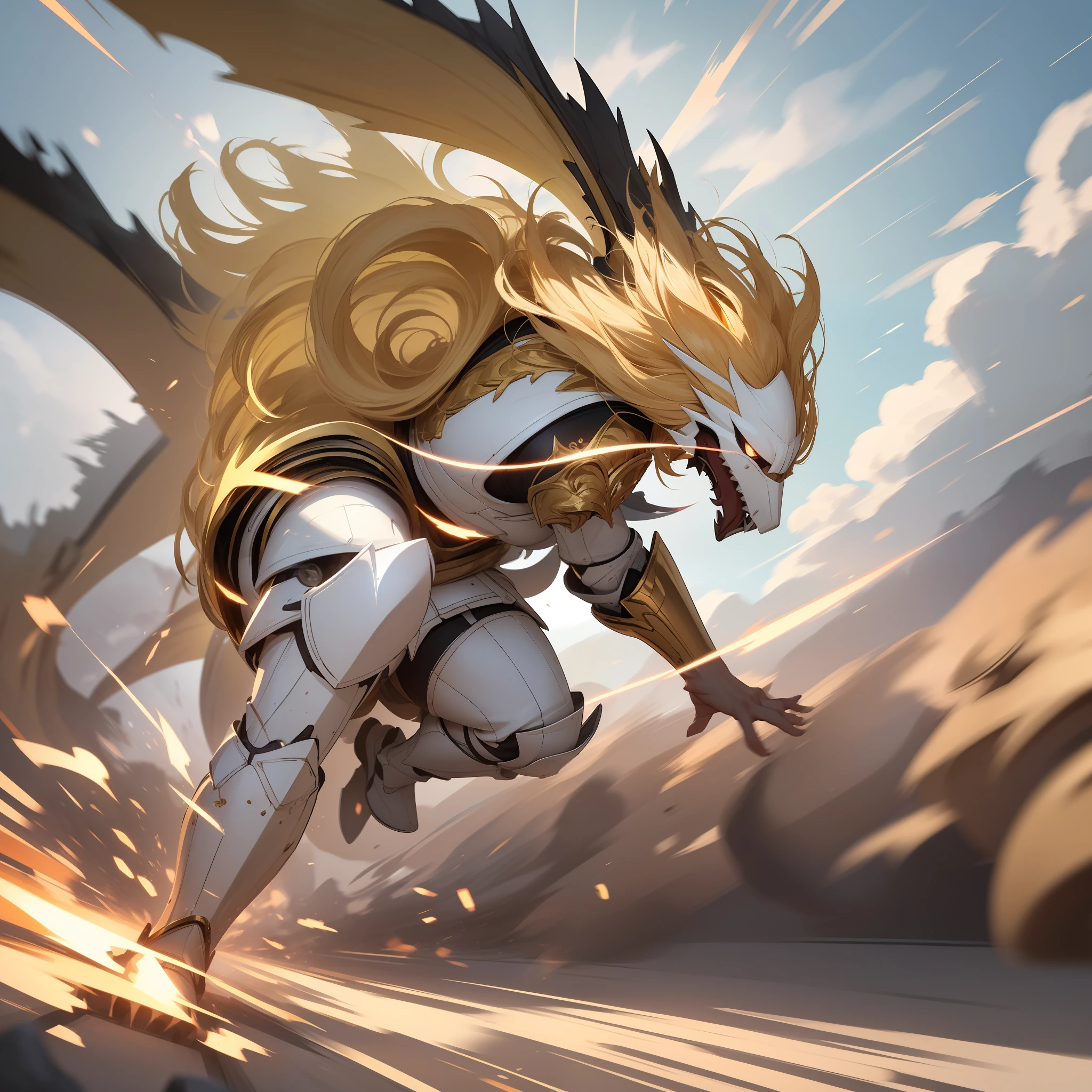 (Best Quality:1.3)、8k、(masterpie:1.3)、ultra-highres、A (speeding) dragon the sky at high speed,(slow motion:1.3),(Motion blur:1.3),(speed lines:1.4),sense of speed,(White armor:1.5)、(The brave:1.5)、(Two-tone hair:1.5)、(Golden hair:1.5)、cuteface、18yearsold、