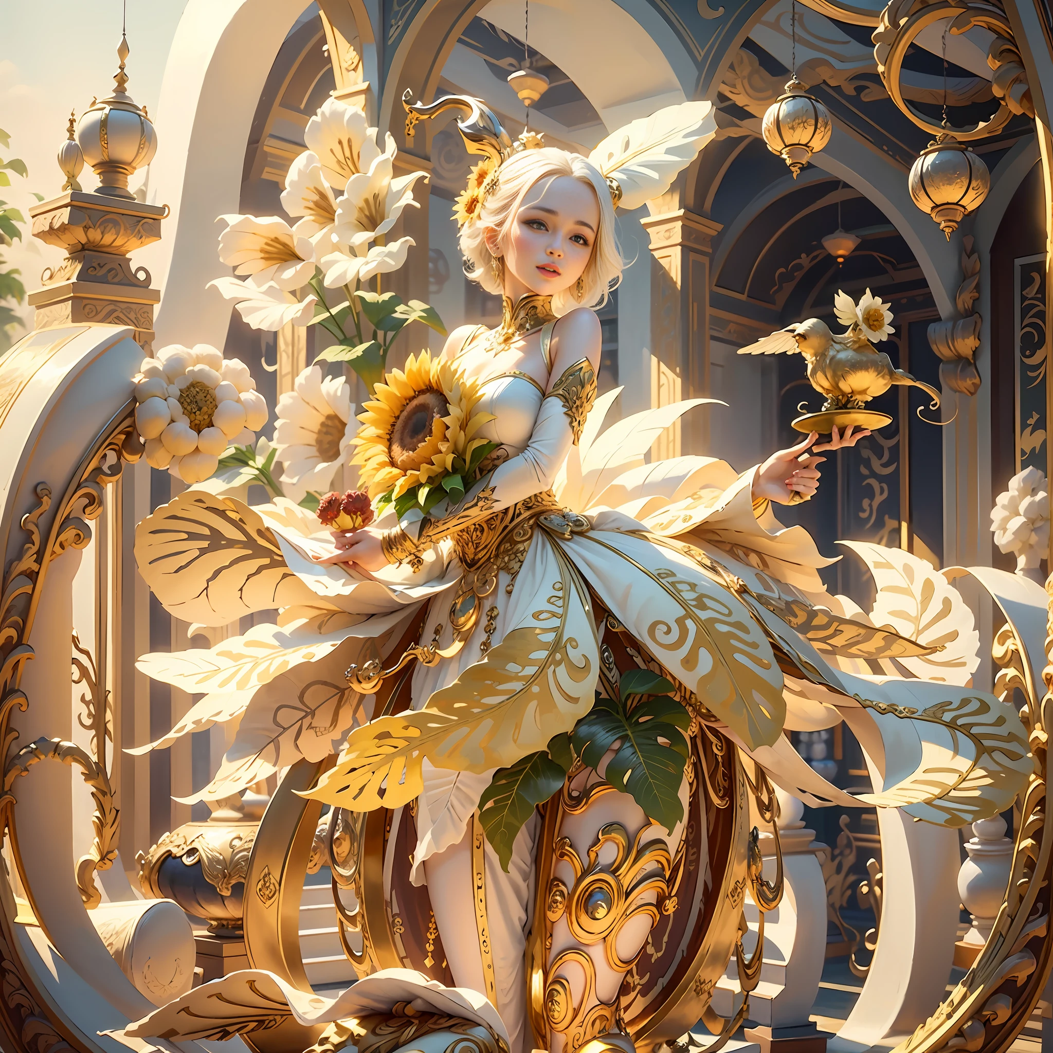 (((Masterpiece))), best quality, ultra-detailed, extremely delicate, pure and bright ivory and gold color, animal-like ivory textures, with golden and shiny metallic accents, brilliant and rich hue, delicate and bright floral patterns, eyes and lips give off warm and inviting light, emphasizing the theme of luxury and elegance, a reinterpretation of the traditional East-meets-West style, complemented by a joyful and vibrant sunflower,IvoryGoldAI