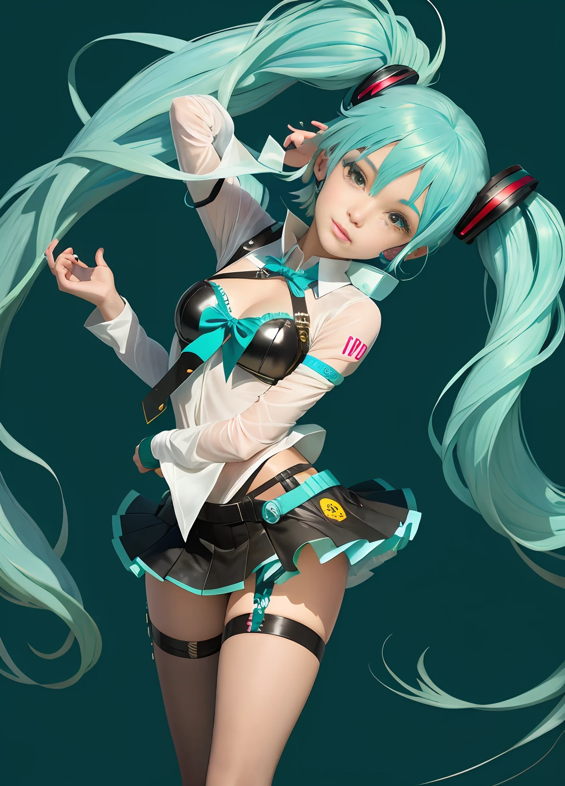 araffe dressed in a costume with long green hair and a white shirt, Mikudayo, Miku, Portrait of Hatsune Miku, Hatsune Miku, Hatsune Miku Cosplay, Vocaloid, hatsune miku portrait, Anime girl cosplay, hatsune miku short hair, Anime girl with teal hair, ArtGerm on ArtStation Pixiv, seductive anime girls