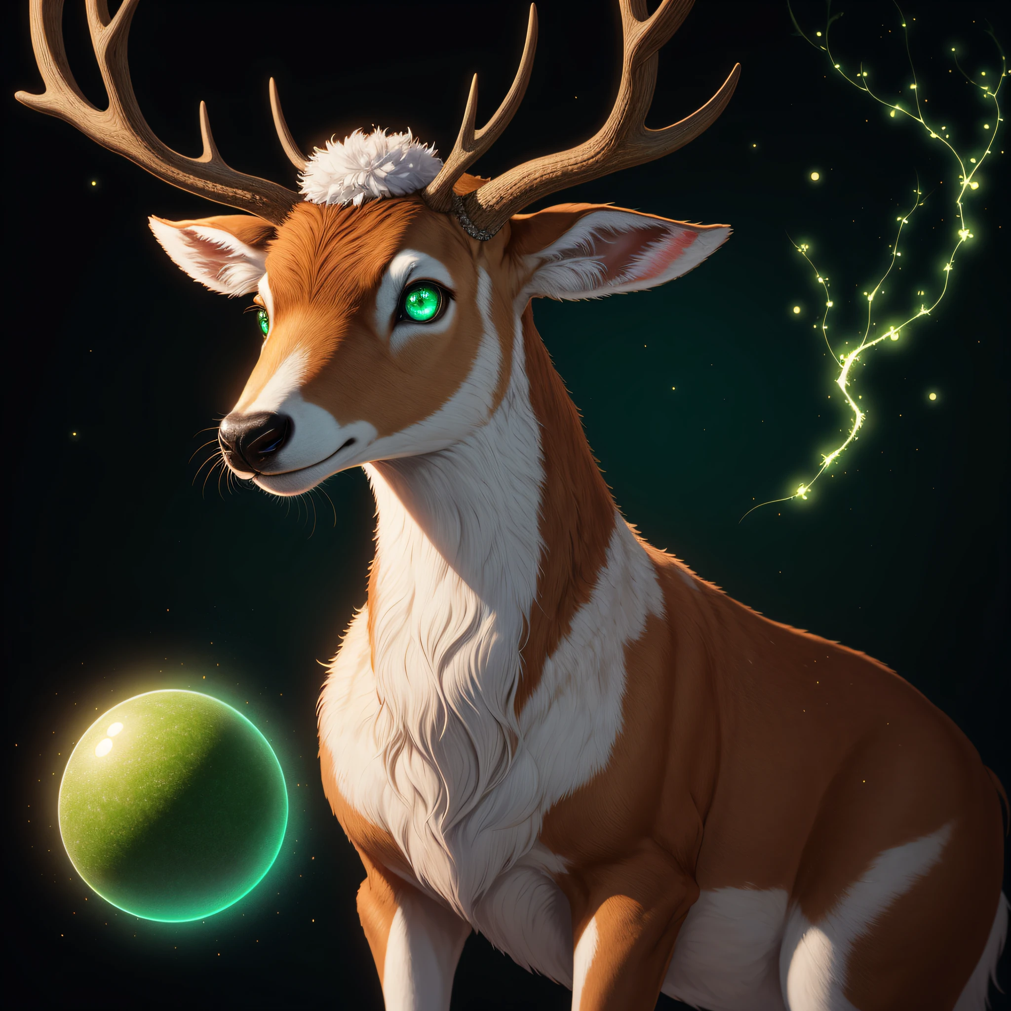 Fluffy cute ball that is deer, brown fluff, massive white antlers, glowing green eyes, masterpiece, best quality, ((In Magical Art style))