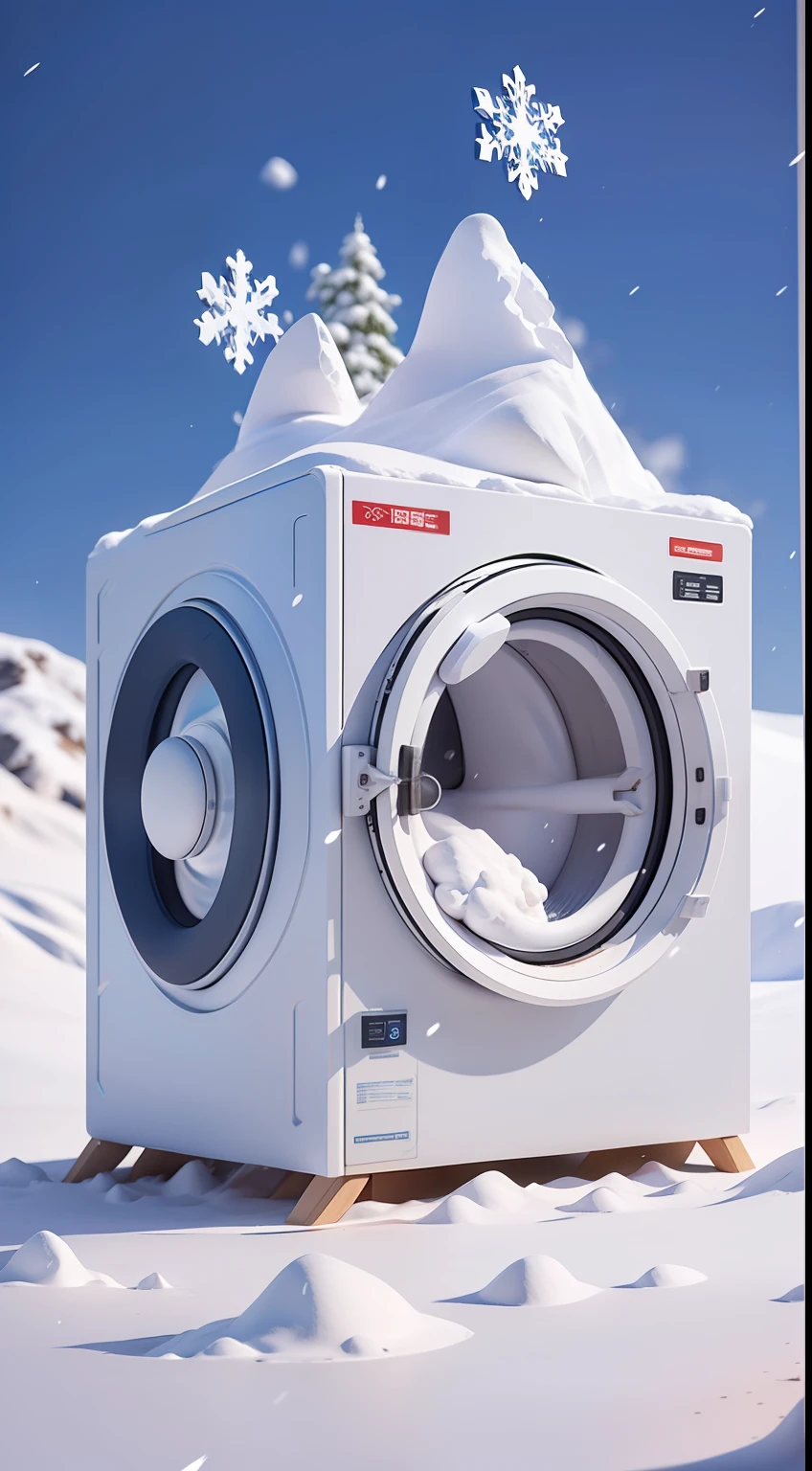 A high-tech drum washing machine,Tech buttons,The roller door opens,There is a world of ice and snow inside,Someone is skiing,There were snowflakes flying out,Clean background,C4D rendering effects,highly quality,Multi-detail product renderings,Fine gloss,3D,Super refined