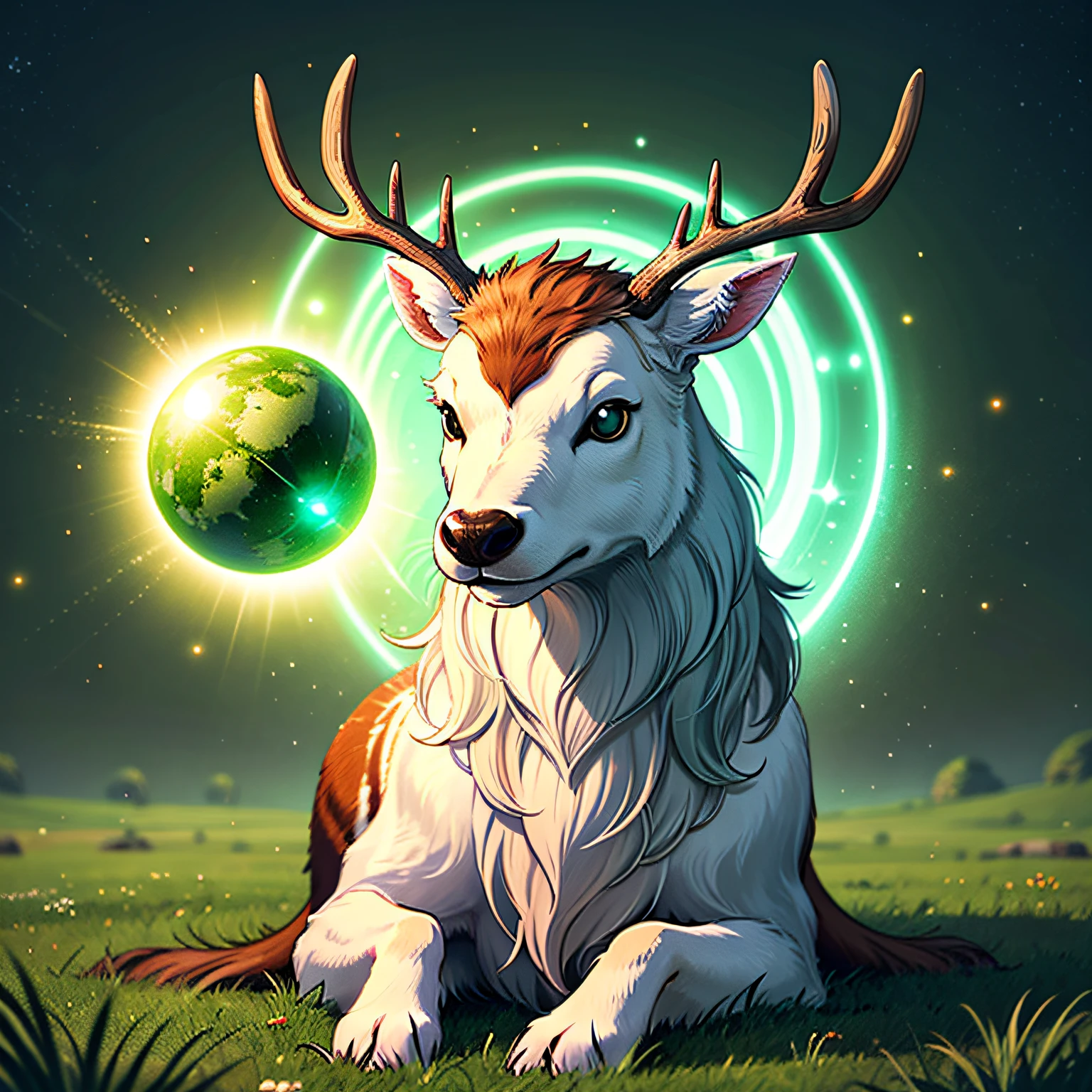 Fluffy cute ball that is deer, brown fluff, massive white antlers, glowing green eyes, masterpiece, best quality, ((In Magical Art style))