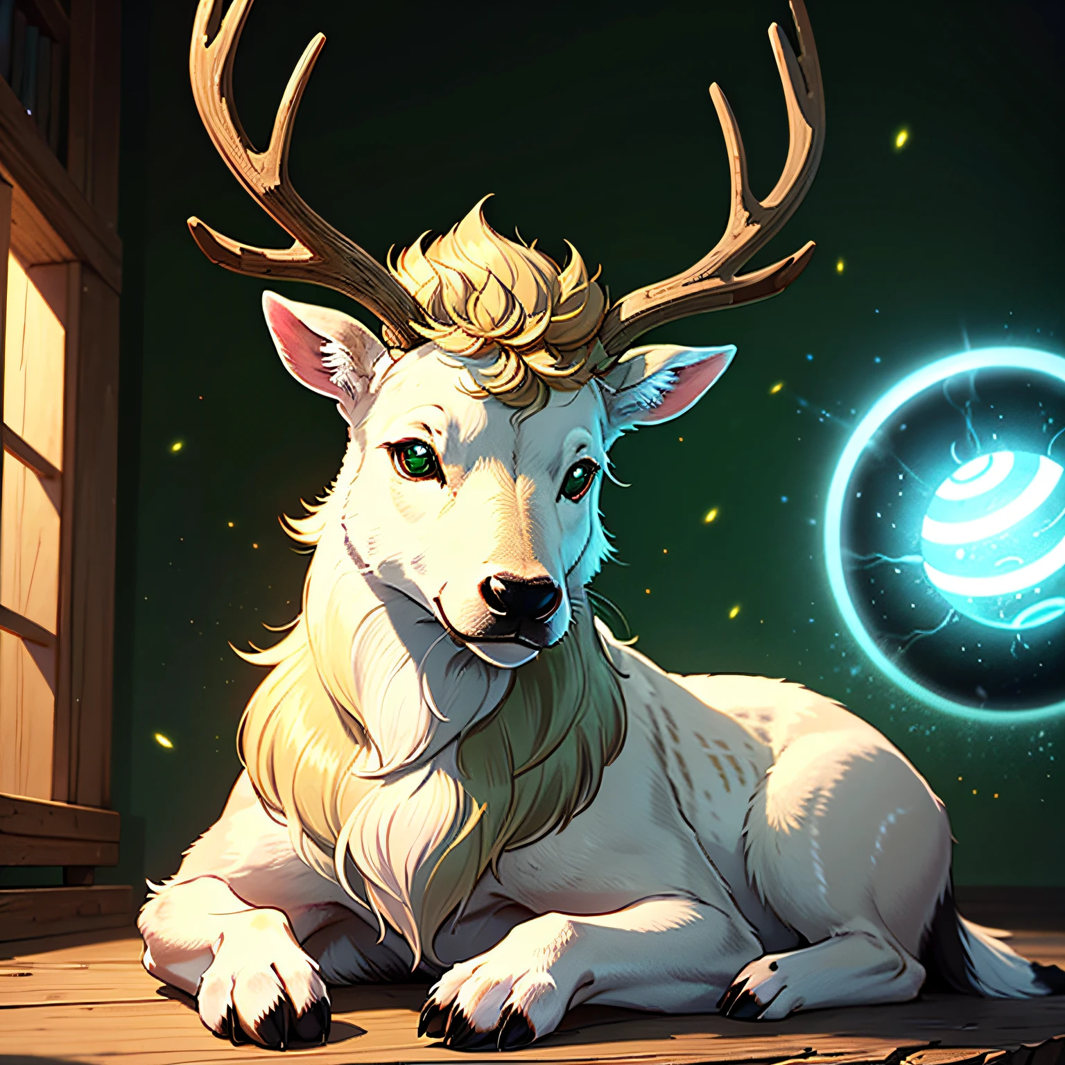 Fluffy cute ball that is deer, brown fluff, massive white antlers, glowing green eyes, masterpiece, best quality, ((In Magical Art style))