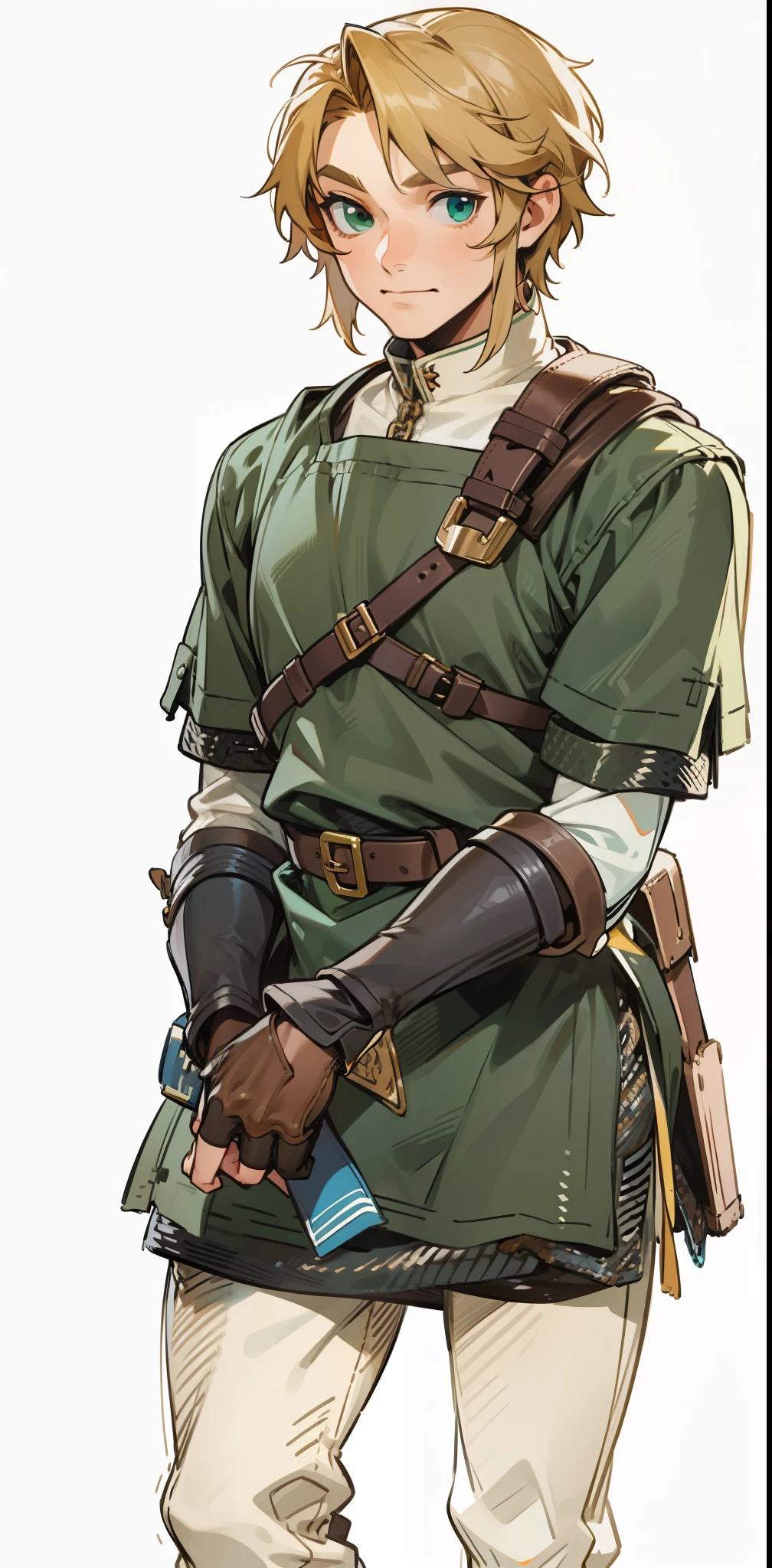 (Link:1)(Warrior:1), (adult man:1.2), standing, green uniform, full body, leather boots, beige pants, chainmail, gloves , (narrow eyebrows:0.33), confident, (smiling:0.4)