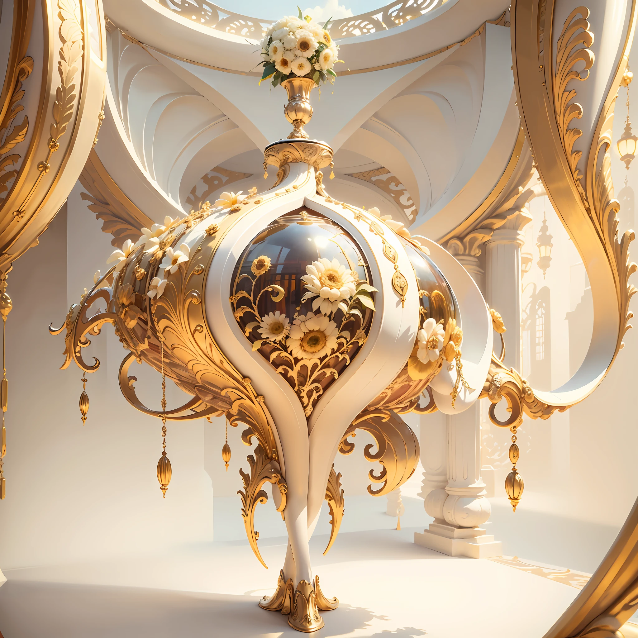 (((巨作))), Best quality, Ultra-detailed, Extremely delicate, pure and bright ivory and gold color, with golden and shiny metallic accents, brilliant and rich hue, delicate and bright floral patterns, emphasizing the theme of luxury and elegance, a reinterpretation of the traditional East-meets-West style, complemented by a joyful and vibrant sunflower,IvoryGoldAI