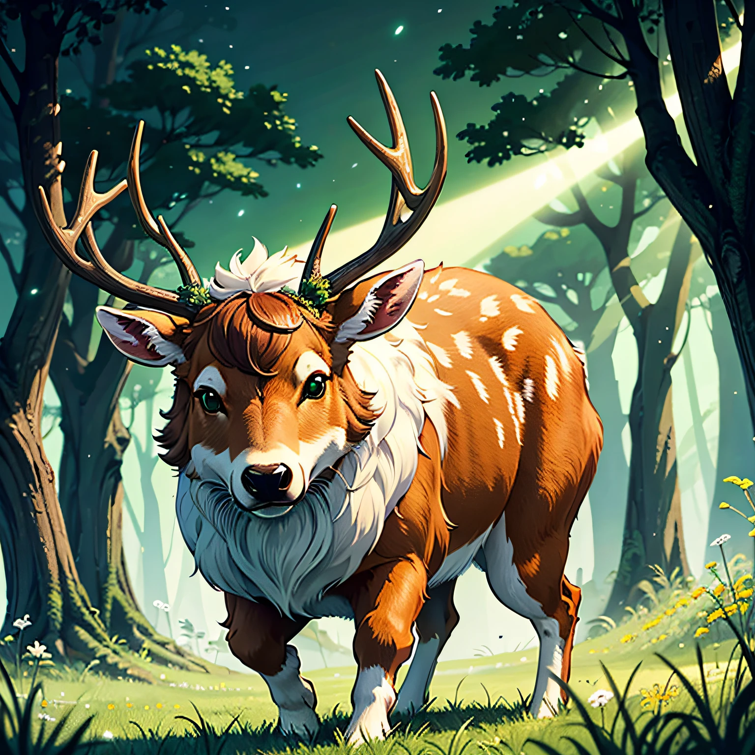 Fluffy cute ball that is deer, brown fluff, massive white antlers, glowing green eyes, masterpiece, best quality, ((In Magical Art style))