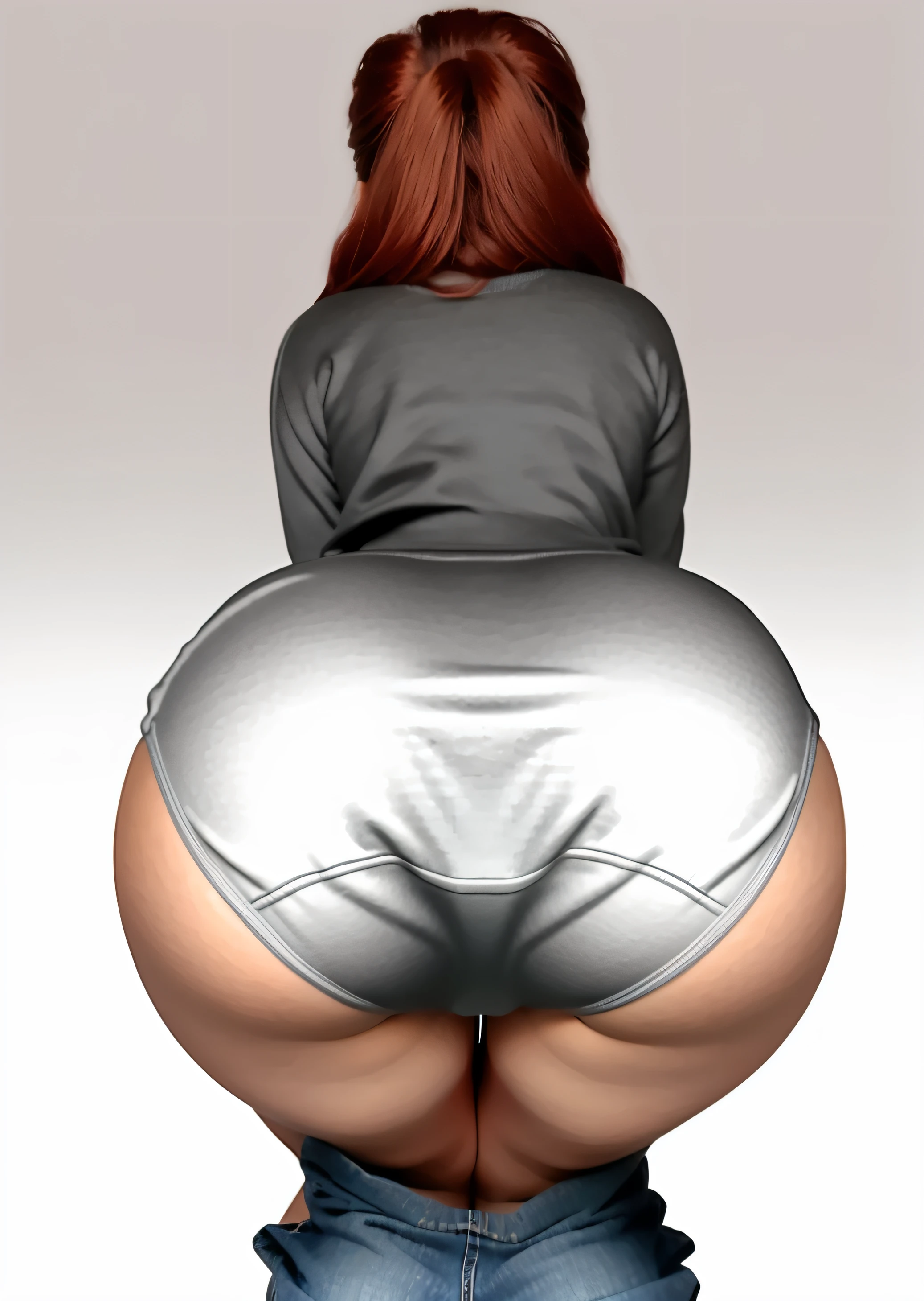Red-haired Latina, in long sleeve sweater, big white panties, big butt, bent over, large turd in panties, poop spilling out of underwear, photo realistic, intricate details