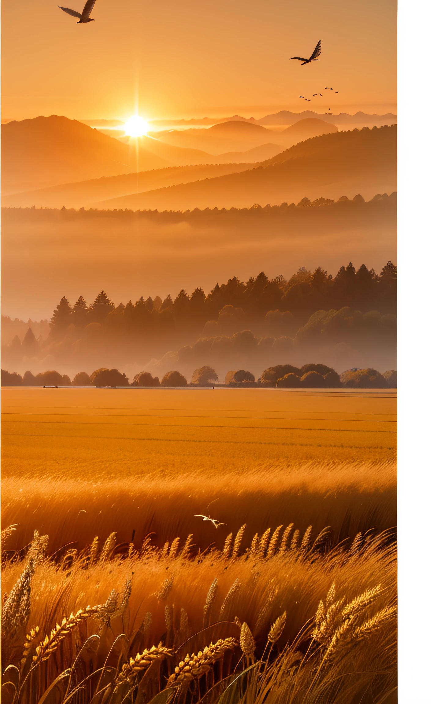 Araved view of the field,Birds fly over it, Beautiful composition, flying birds in distance, harmony of nature, natural morning light, warm beautiful scene, birds flying in the sunlight, flying birds in distance, soft golden light, in a golden sunset sky, flying birds in distance, golden hour scene, majestic landscape, Amazing composition, nice composition,Golden wheat field