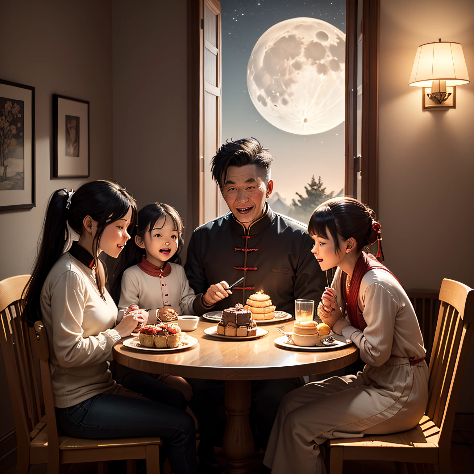 Family reunion,The characters are old and young,There is a dining table,Indoor environment at night,There are windows in the back,Outside the window is the moon。Happy expression,Warm interior light,highly quality,Face details,3d modelling,Traditional Chinese holidays,Mooncakes,moon full,Mid-Autumn Elements Realistic, High detail,Volumetriclighting --auto