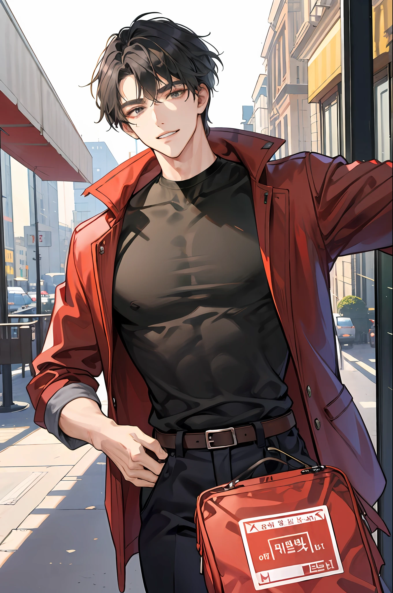 work in progress, close up, head shot, simple coloring, soft shading, soft coloring, (handsome korean man), (korean man), youthful face, clean-shaven face, handsome man, at cafe, cafe scenery, lean, muscular, broad shoulders, smirking, tousled hair, short hair, jet black hair, glow grey eyes, (grey t-shirt, red coat, black trousers), brown skin, 1man