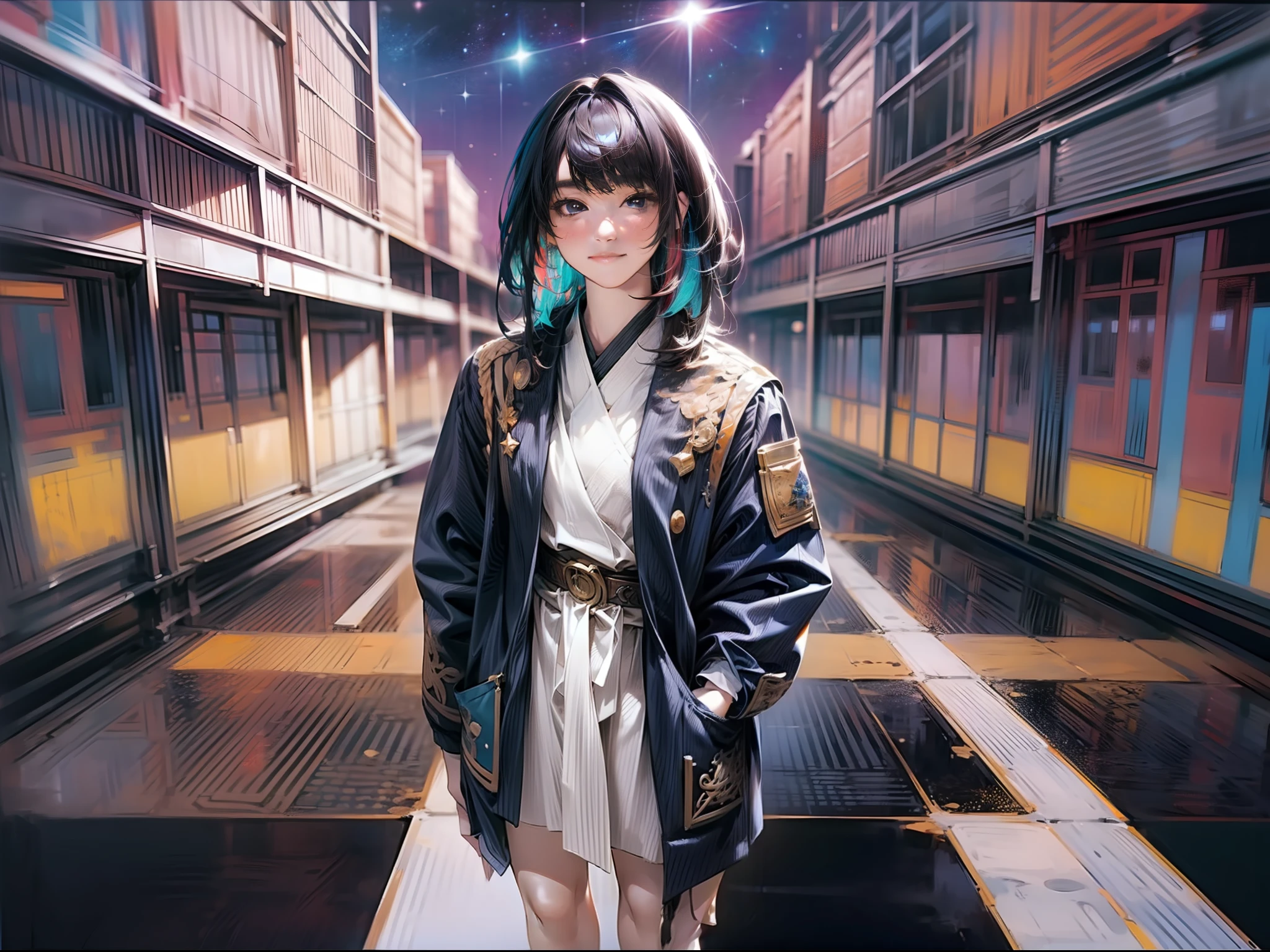 (A masterpice)、specifics、12K、((Full-body photo from head to toe))、babes、short dark hair、Colorful inner hair、Realistic and sharp details、portrait shooting、Super Intricate Details、Ultra-fine details、Standing in Tokyo, Super beautiful sunny sky of galaxy with multiple starry sky.