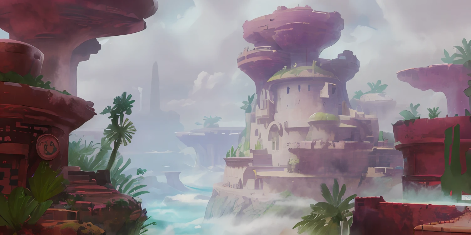 there is a painting of a small castle in a desert, Stylized concept art, arte de fundo, art nouveau jungle environment, disney inspired landscape, concept-art ， highly rendered, background artwork, concept-art, concept-art, painted as a game concept art, concept art for a video game, environment design illustration, environment painting, environment concept art，Illustration art，African indigenous architecture