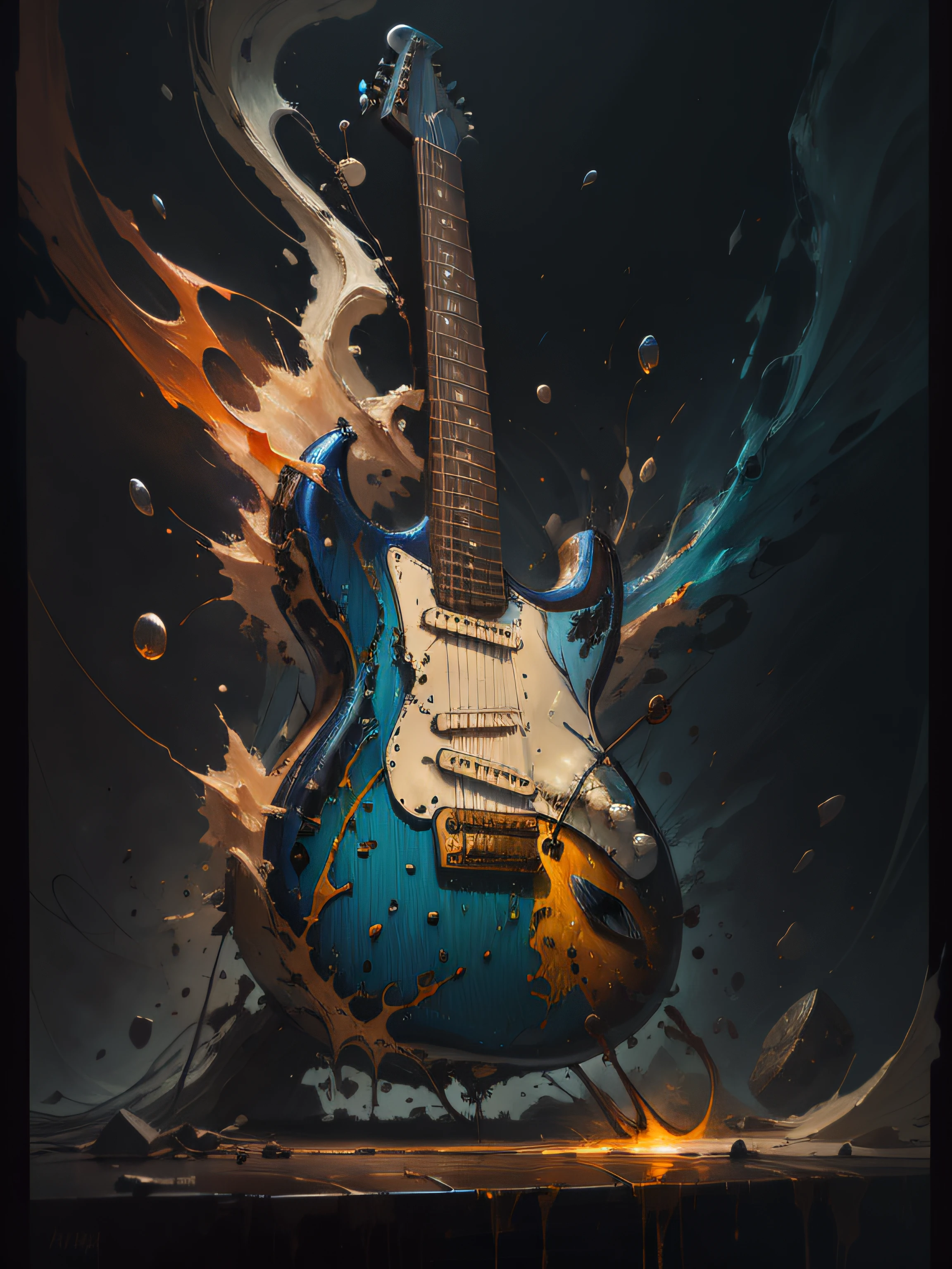 guitar, super high-quality model, ethereal background, Abstract beauty, explosive volume, oilpainting, Heavy strokes, paint drips --auto