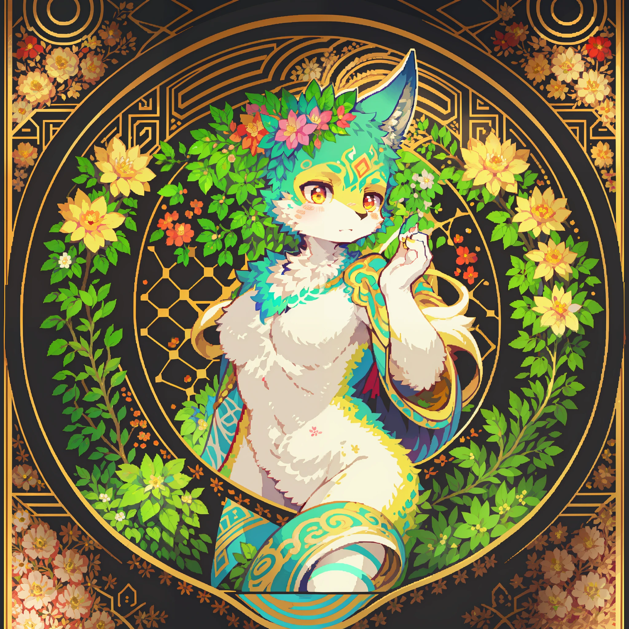 top quality, best quality, logo mark, stamp, Geometric pattern, vector-art, High-quality illustrations by Alfons Mucha, masterpiece(kemono, furry anthro)flower, pixel art,