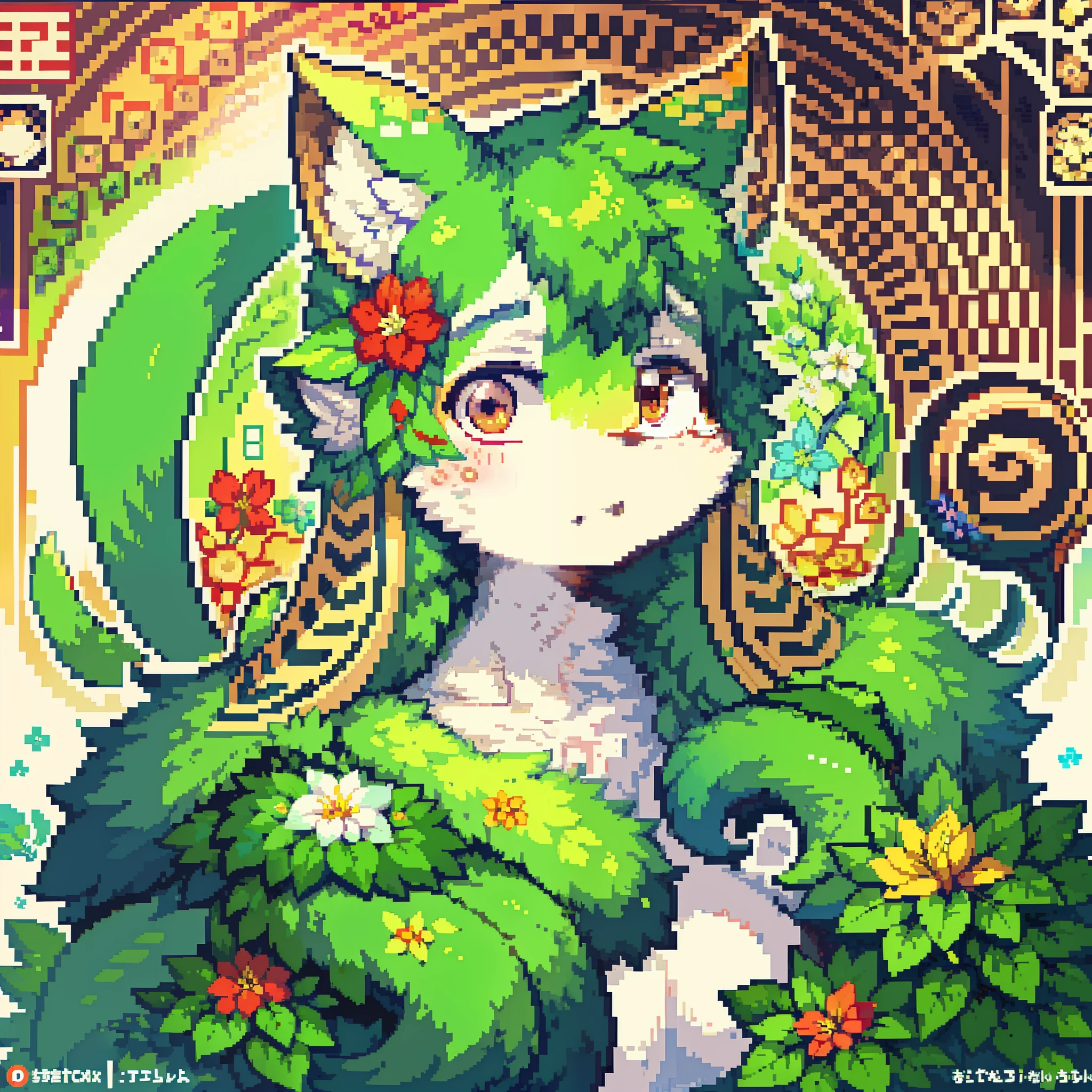 top quality, best quality, logo mark, stamp, Geometric pattern, vector-art, High-quality illustrations by Alfons Mucha, masterpiece(kemono, furry anthro)flower, pixel art,