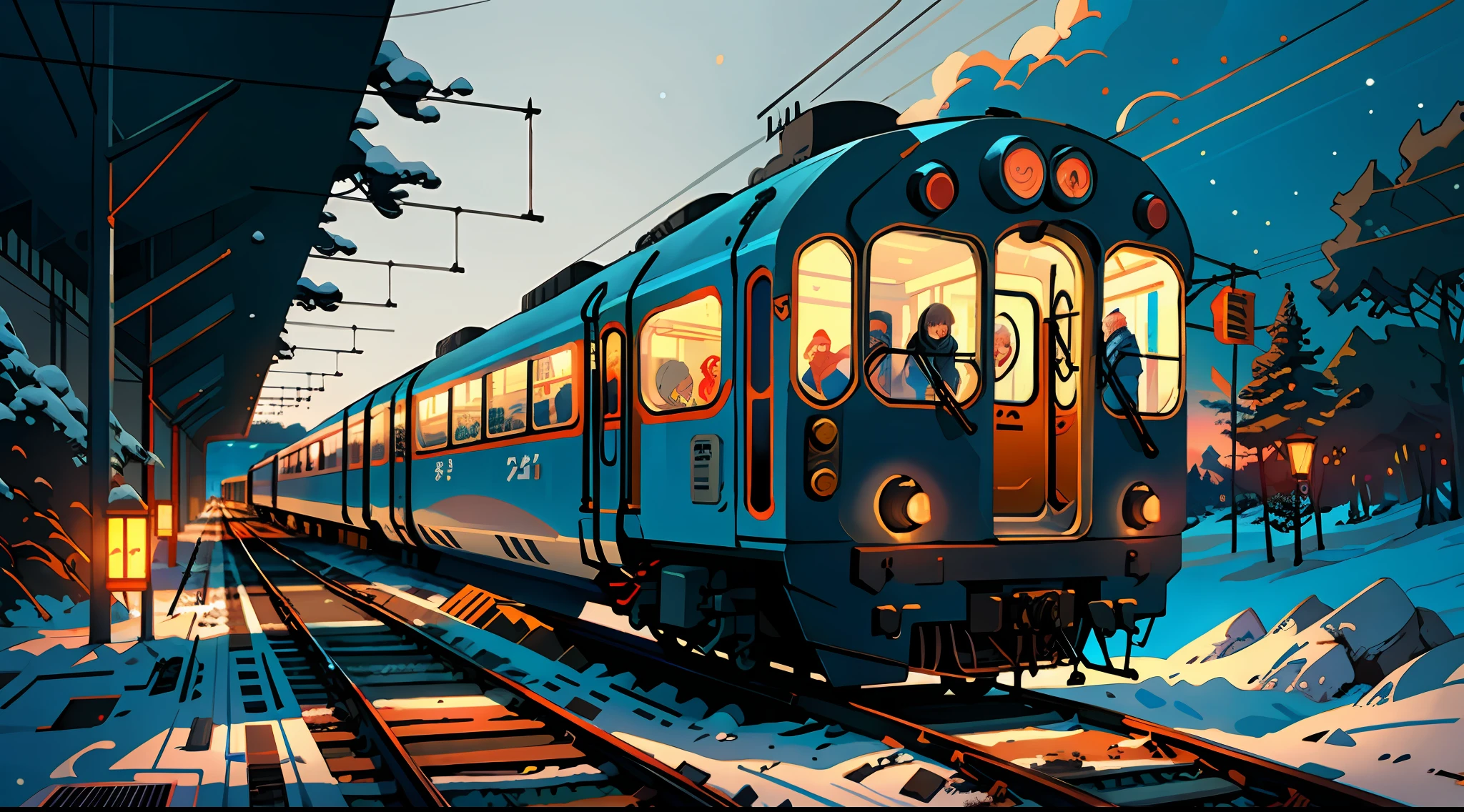 Wallpaper of Anime Style, [[Winter, snow, Modern Station Train, natural lighting, additional details, perfect composition ]], hyper-realistic intricate highly detailed. By Makoto Shinkai, 8k.